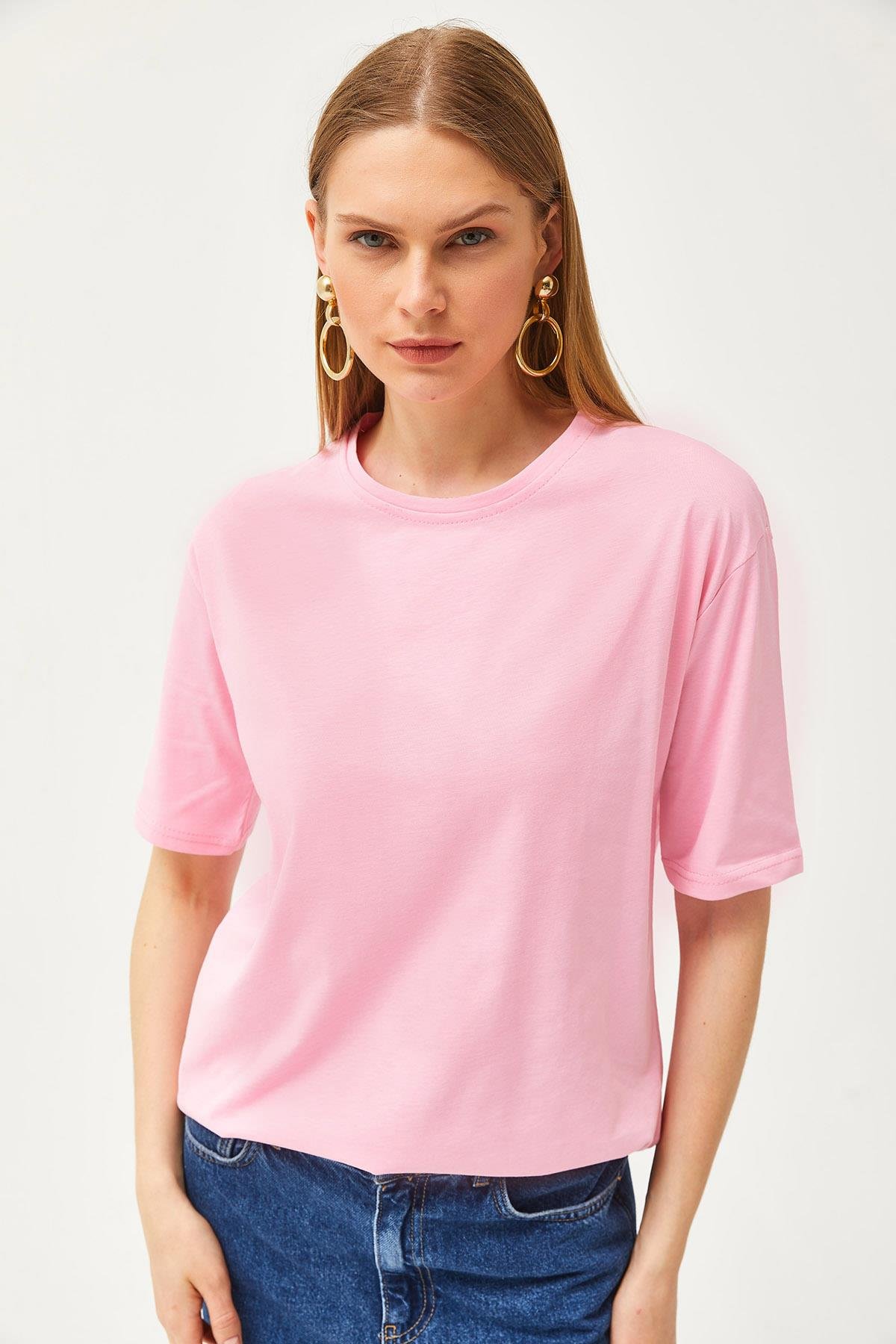Oversize Bisiklet Yaka Tişört Şeker Pembe