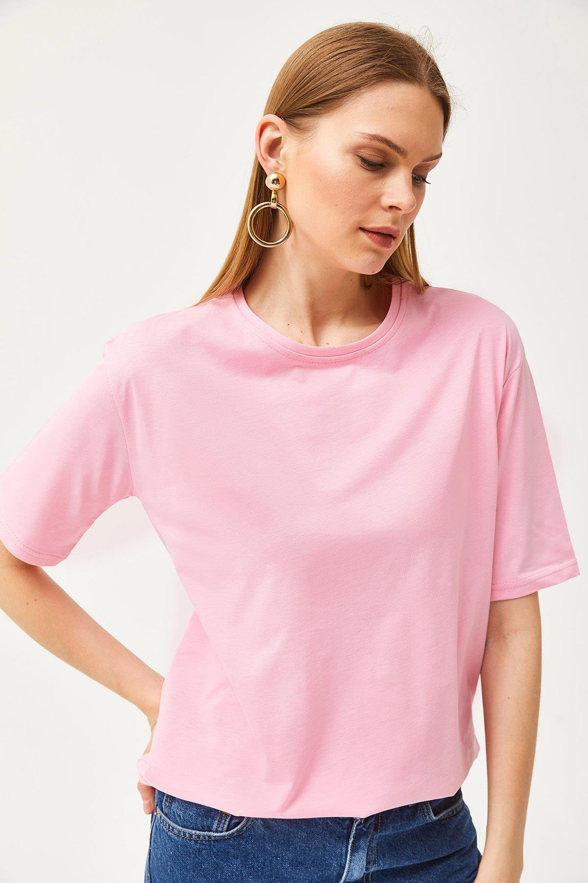 Oversize Bisiklet Yaka Tişört Şeker Pembe