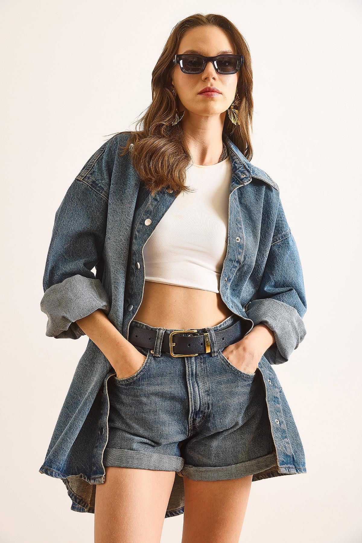 Oversize Denim Gömlek Koyu Mavi