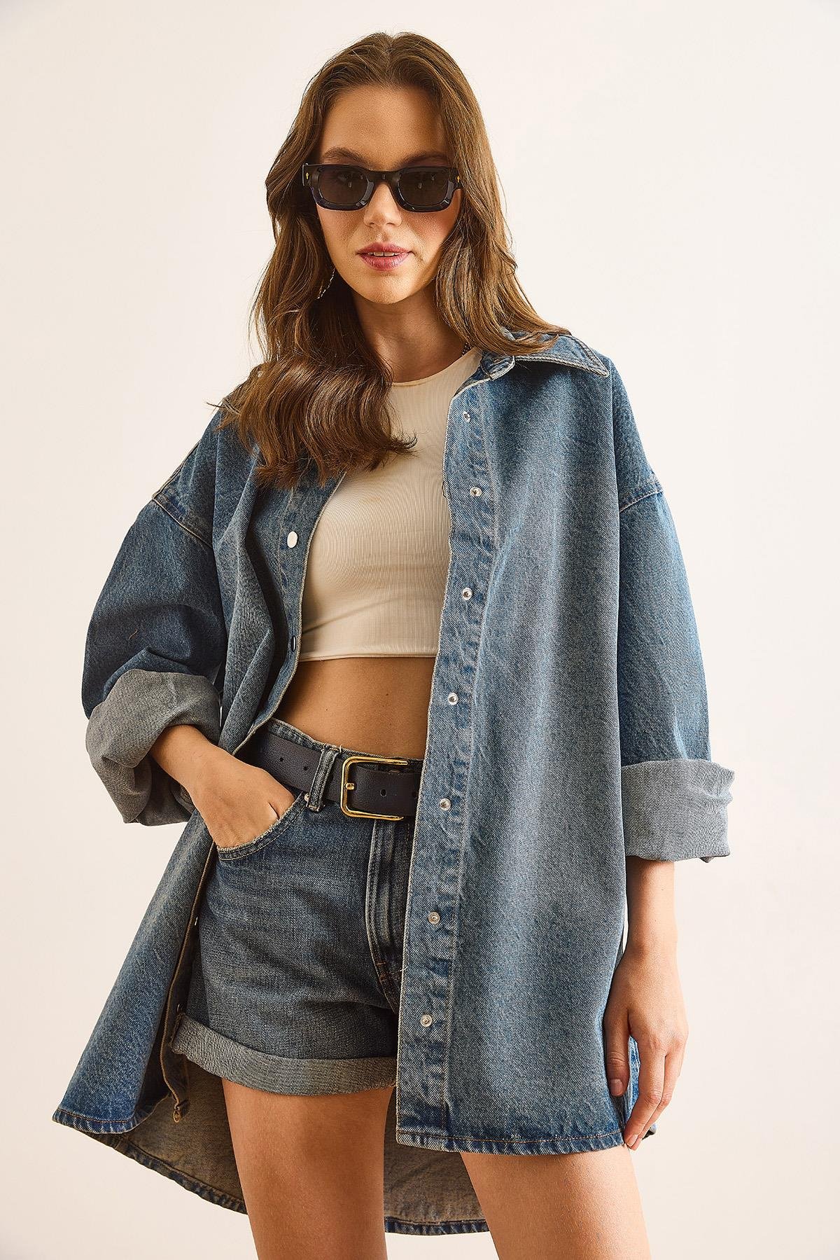 Oversize Denim Gömlek Koyu Mavi