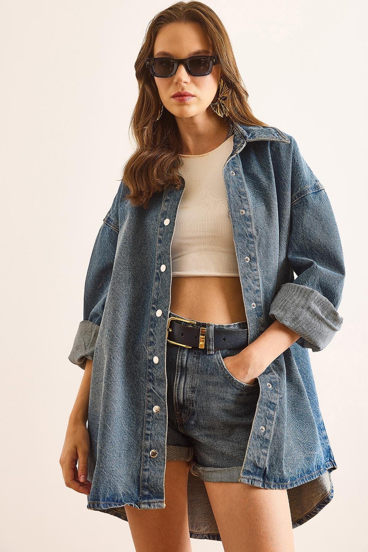 Oversize Denim Gömlek Koyu Mavi