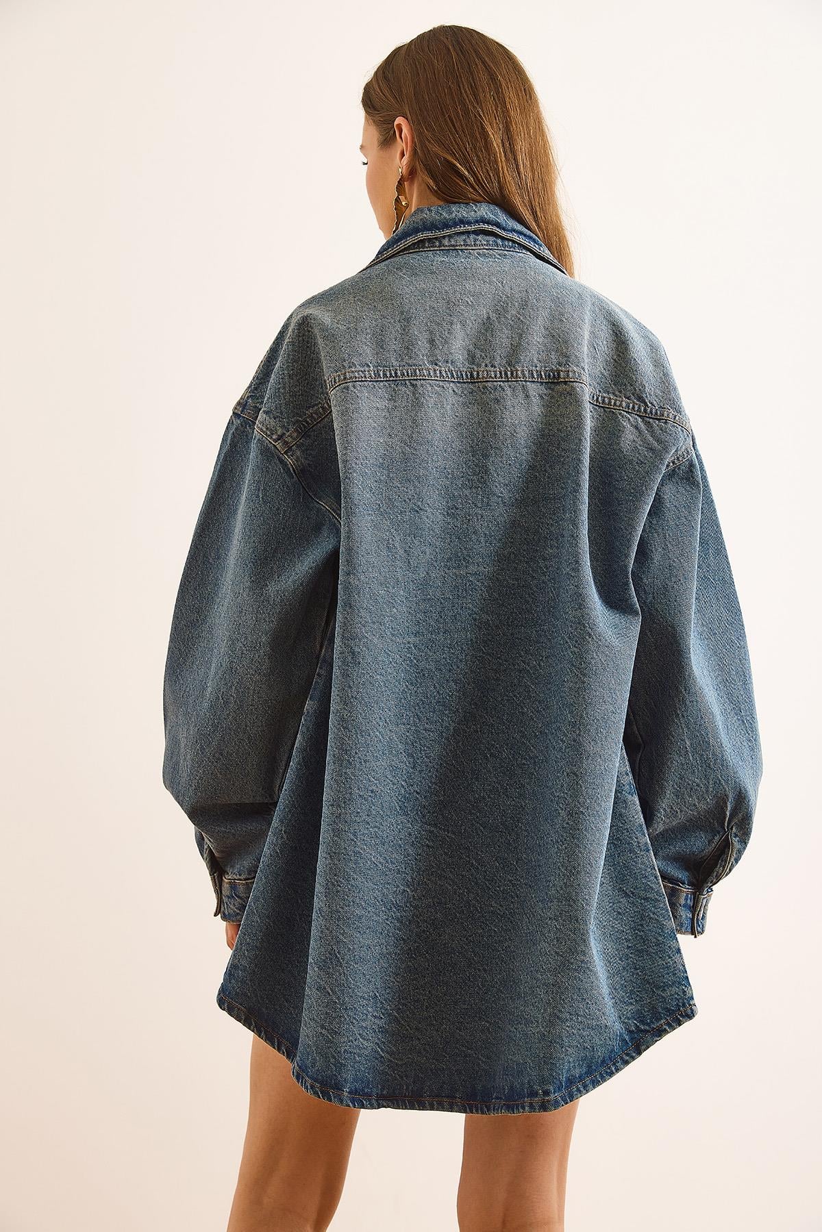 Oversize Denim Gömlek Koyu Mavi