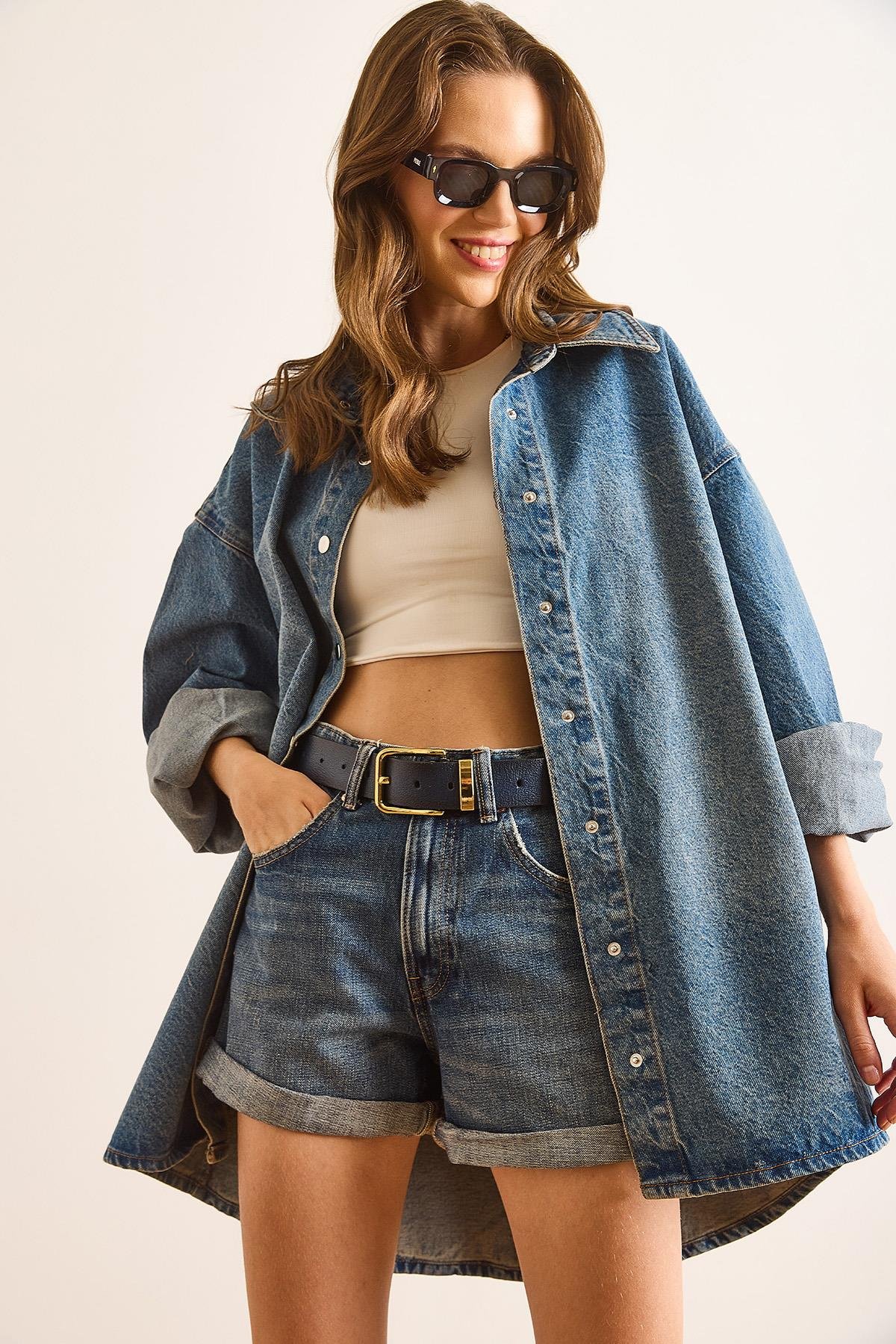 Oversize Denim Gömlek Koyu Mavi