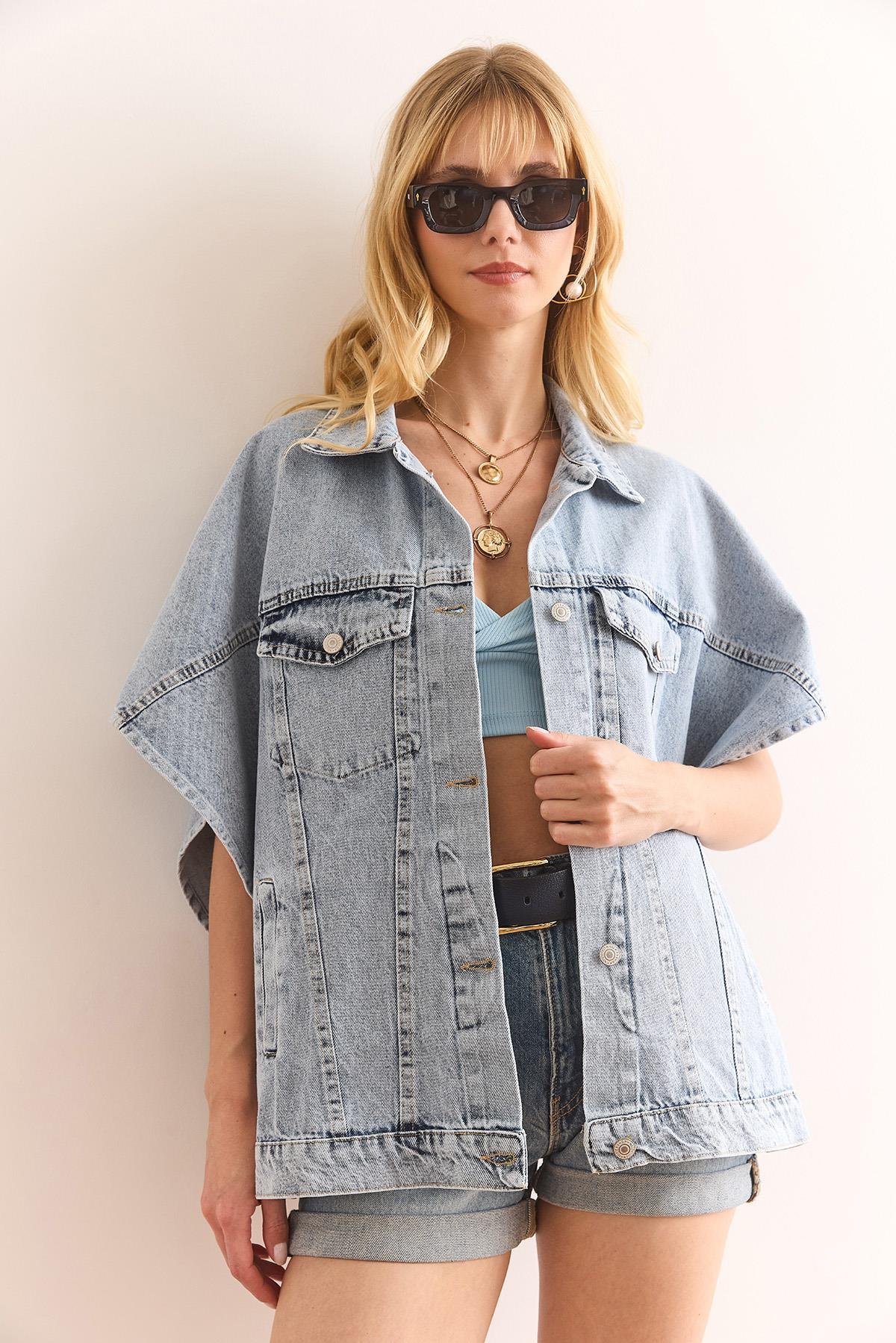 Oversize Yarasa Cepli Denim Yelek Mavi