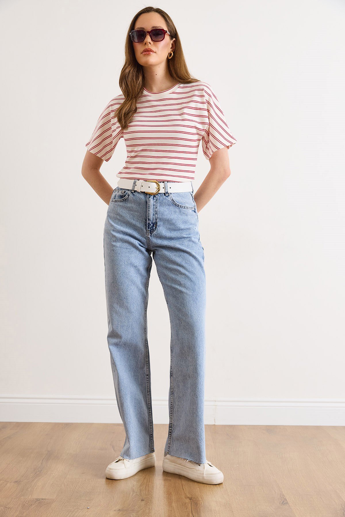 Paçası Pis Dikiş Wide Leg Denim Jeans Açık Mavi