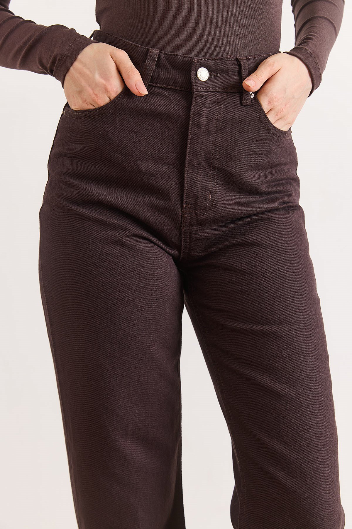Paçası Pis Dikiş Wide Leg Denim Jeans Acı Kahve