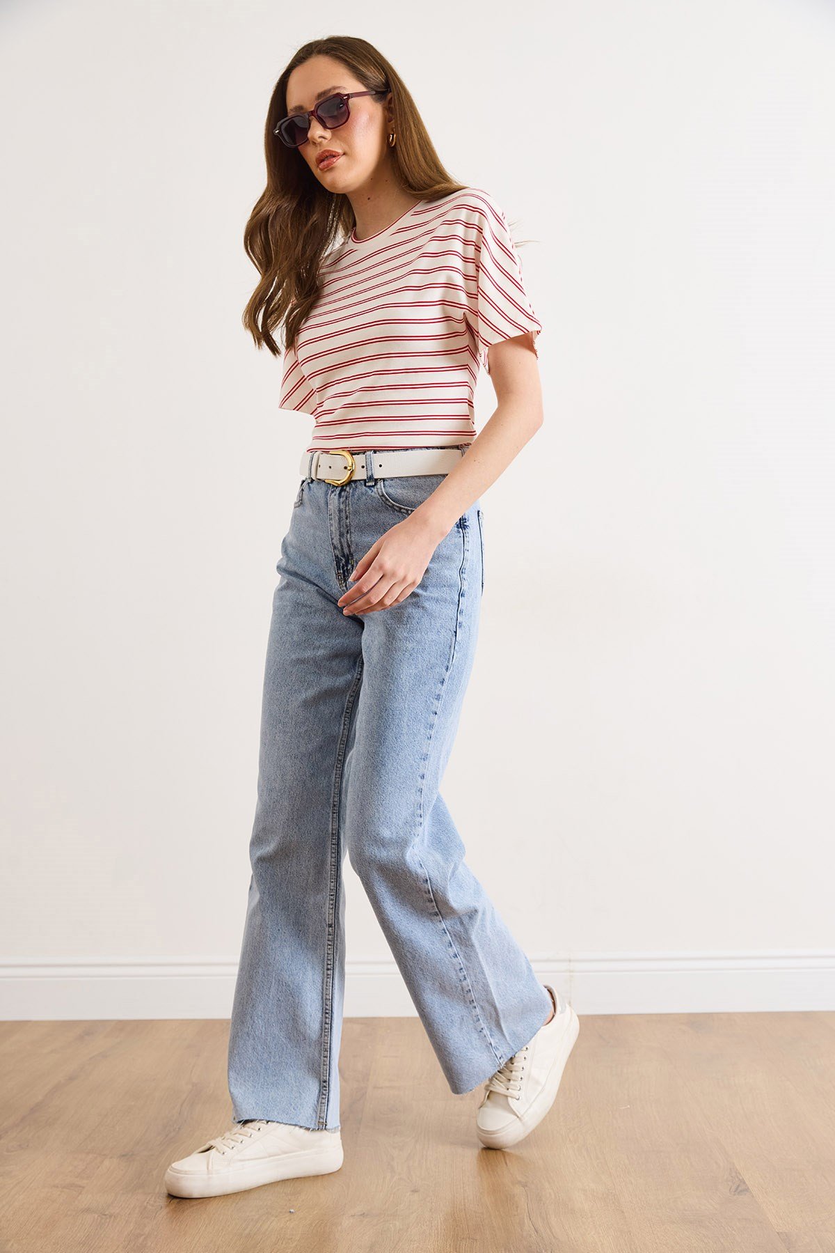 Paçası Pis Dikiş Wide Leg Denim Jeans Açık Mavi
