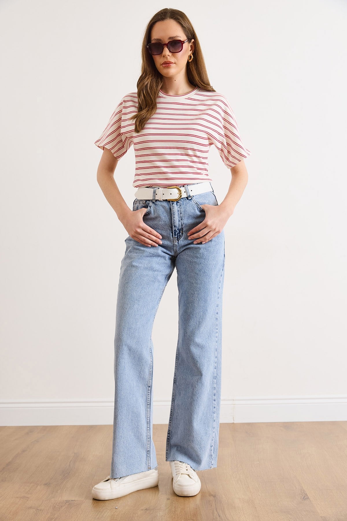 Paçası Pis Dikiş Wide Leg Denim Jeans Açık Mavi