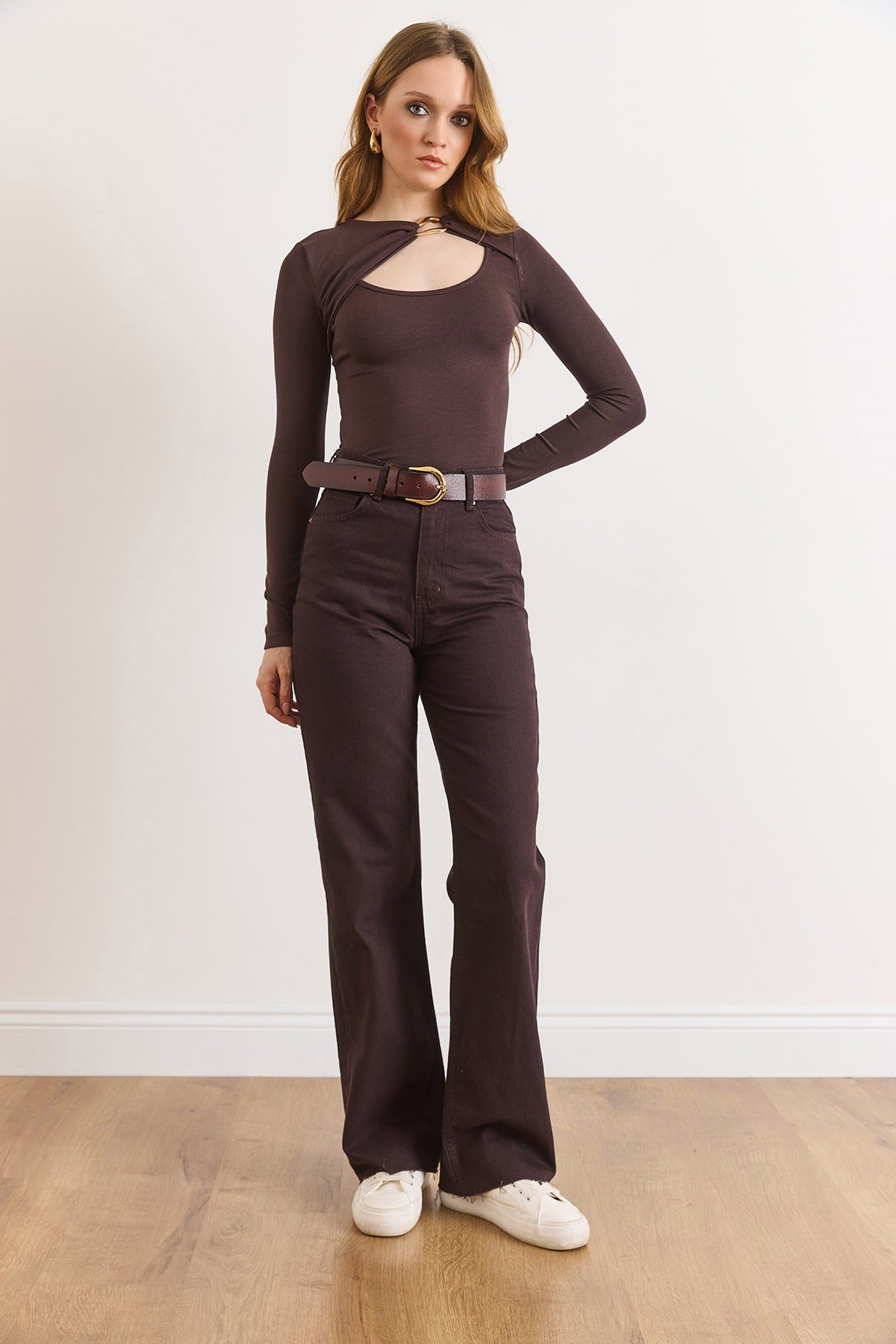Paçası Pis Dikiş Wide Leg Denim Jeans Acı Kahve