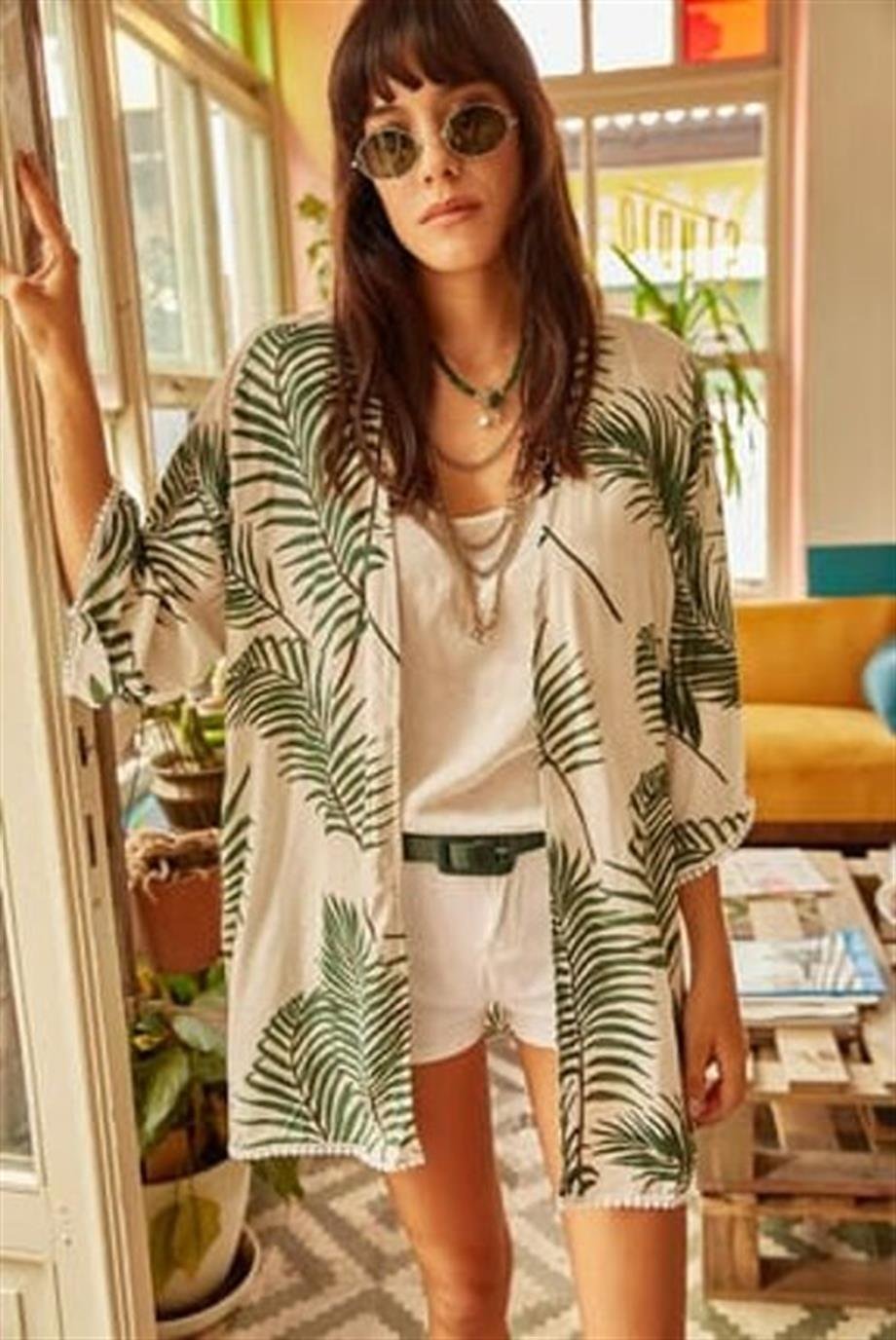 Palmiye Güpür Detaylı Viskon Kimono Beyaz
