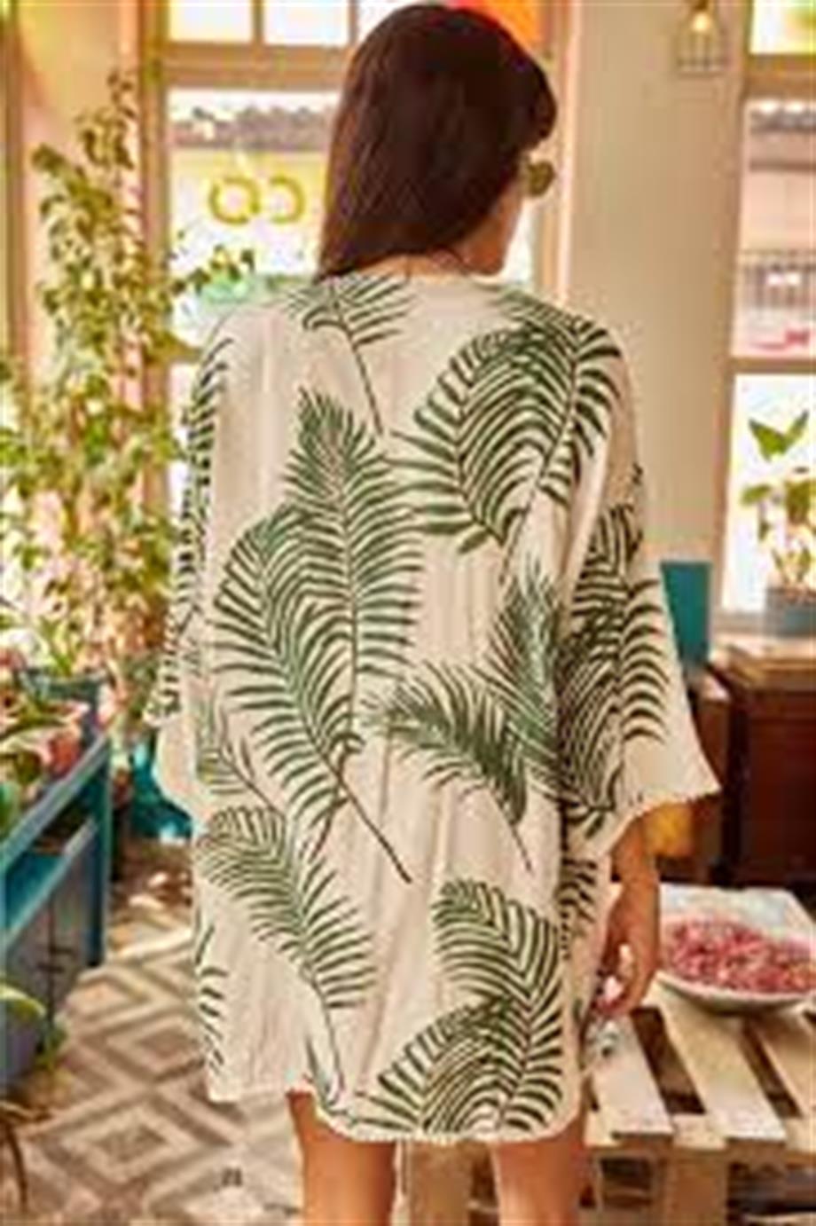 Palmiye Güpür Detaylı Viskon Kimono Beyaz