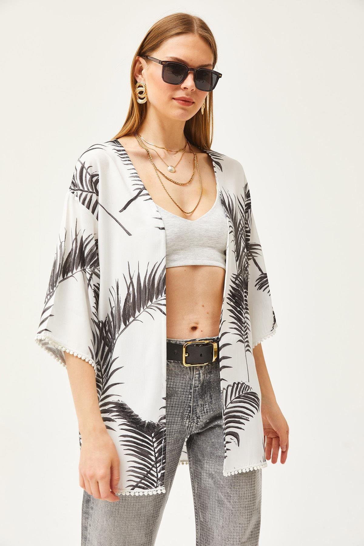Palmiye Güpür Detaylı Viskon Kimono Füme
