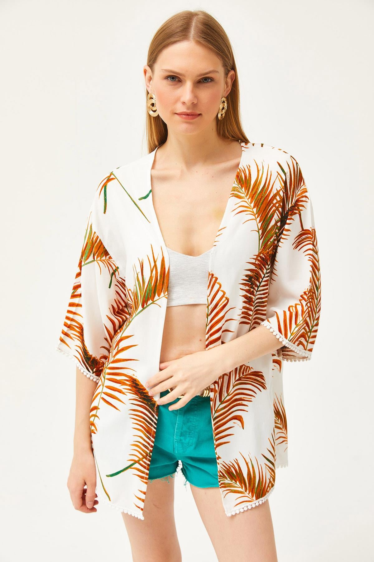 Palmiye Güpür Detaylı Viskon Kimono Taba