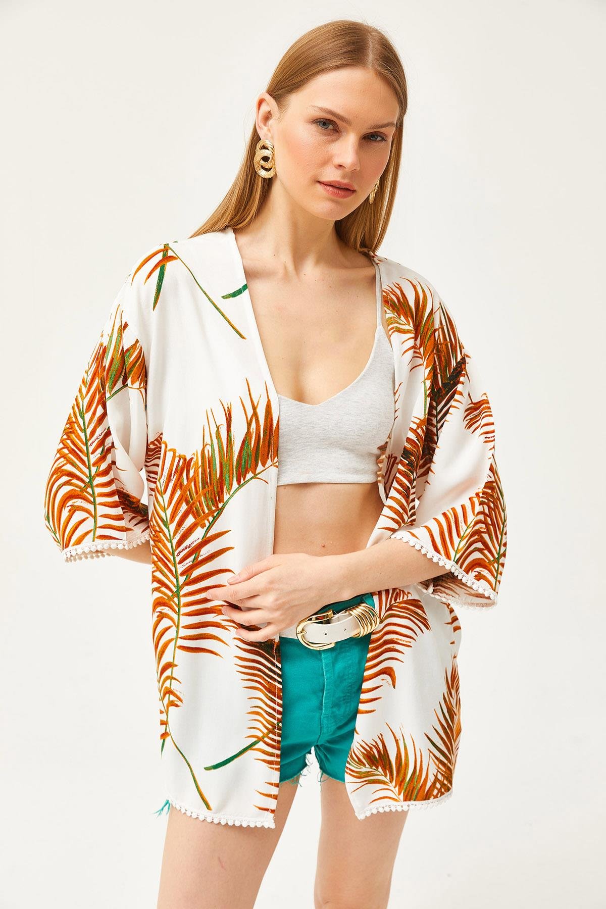 Palmiye Güpür Detaylı Viskon Kimono Taba