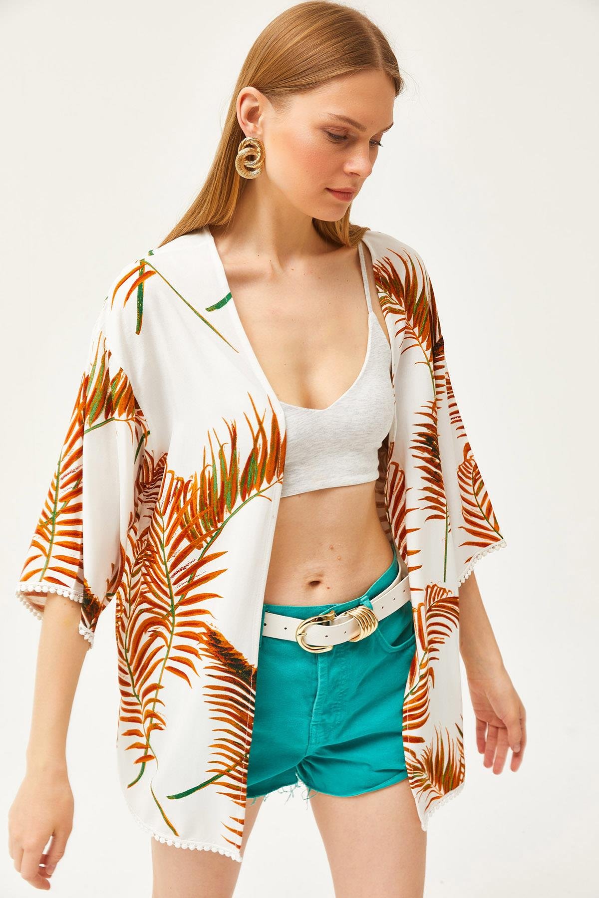 Palmiye Güpür Detaylı Viskon Kimono Taba