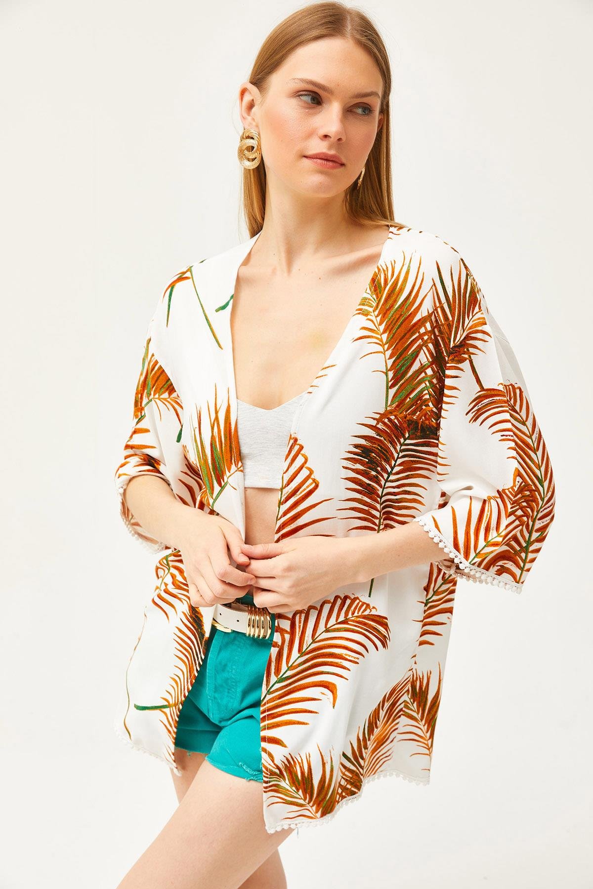 Palmiye Güpür Detaylı Viskon Kimono Taba