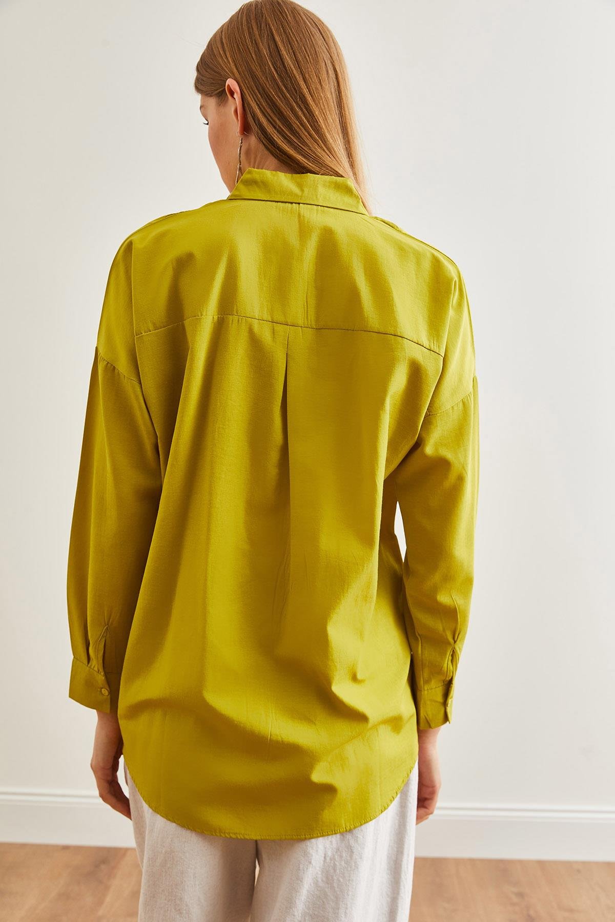 Palmiye Pul Detaylı Oversize Dokuma Poplin Gömlek Yağ Yeşili