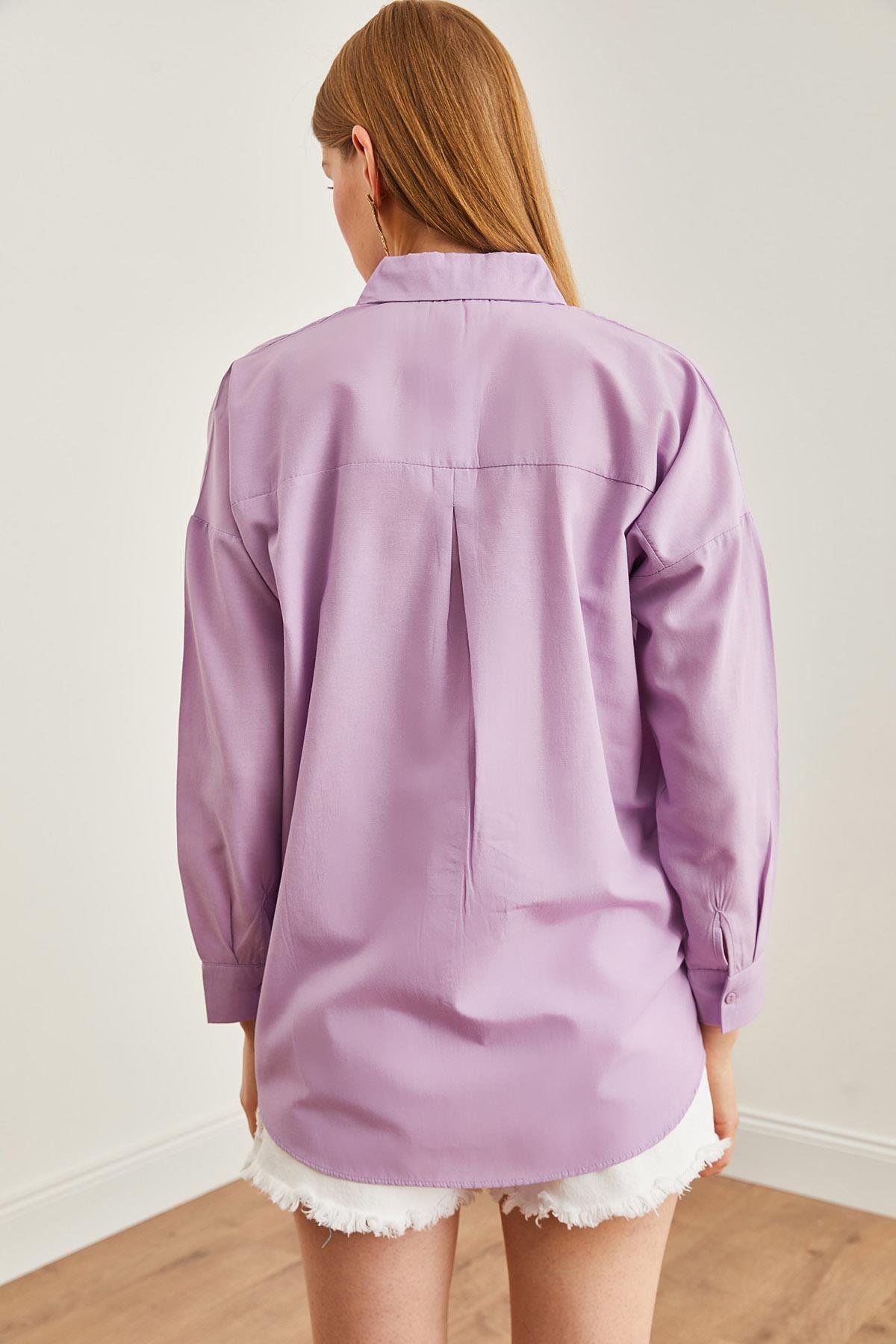 Palmiye Pul Detaylı Oversize Dokuma Poplin Gömlek Lila
