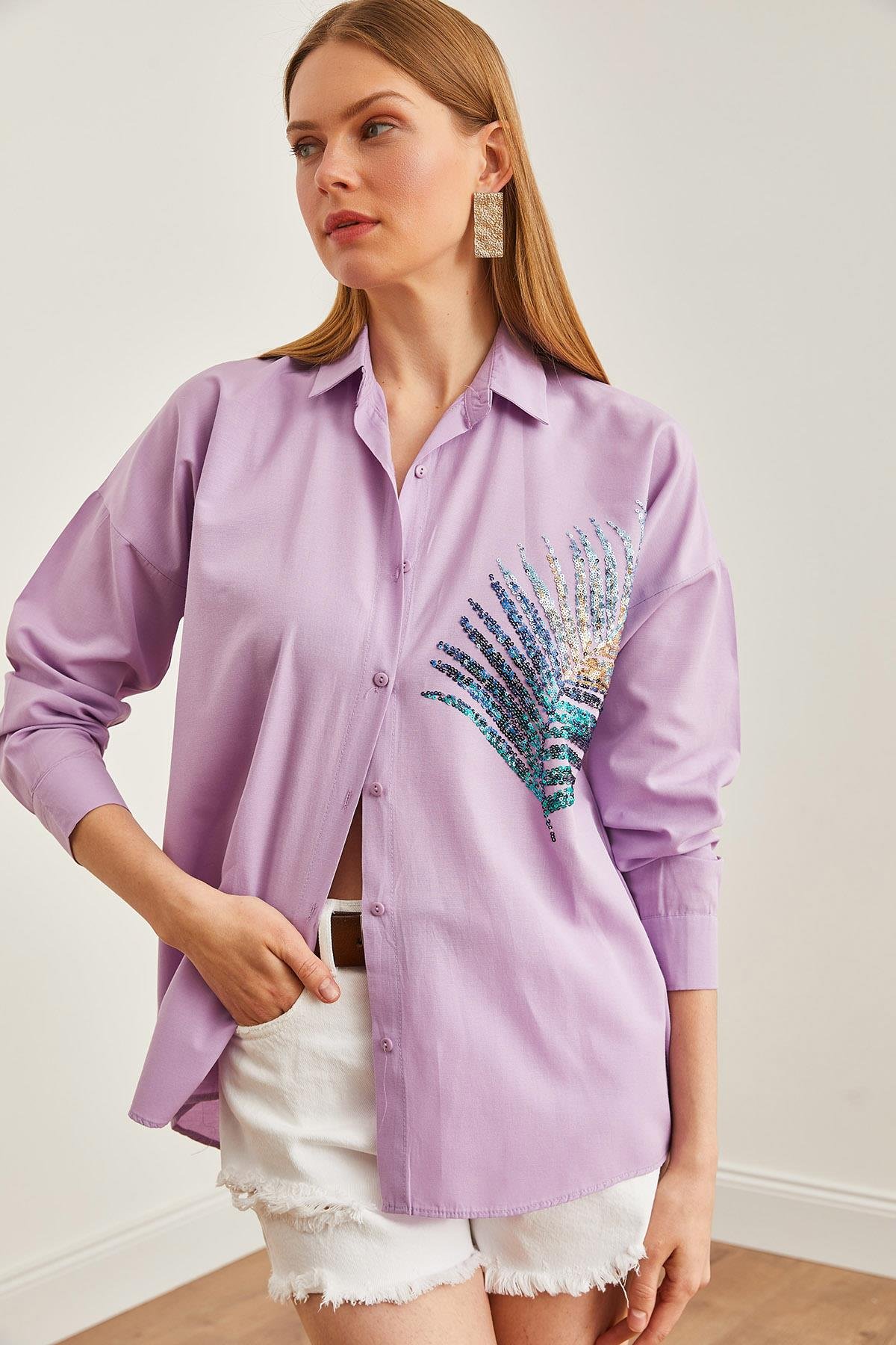 Palmiye Pul Detaylı Oversize Dokuma Poplin Gömlek Lila