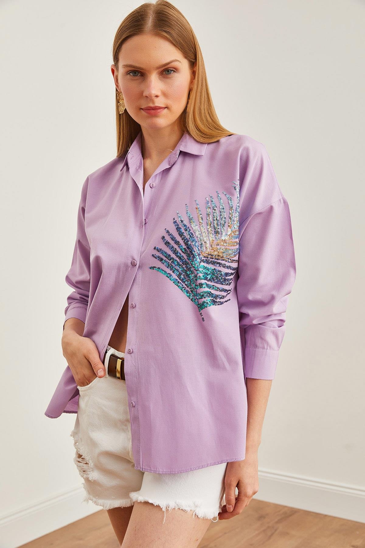 Palmiye Pul Detaylı Oversize Dokuma Poplin Gömlek Lila