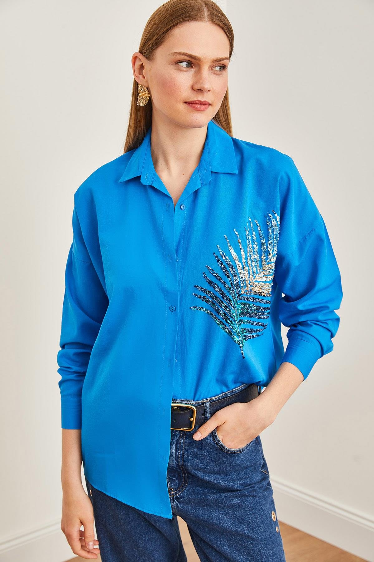 Palmiye Pul Detaylı Oversize Dokuma Poplin Gömlek Gök Mavi