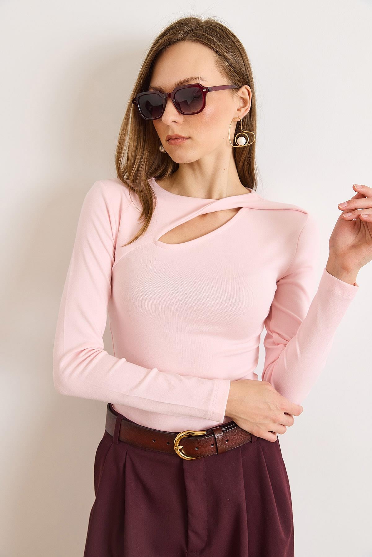 Pamuk Modal Damla Dekolteli Esnek Bluz Pembe