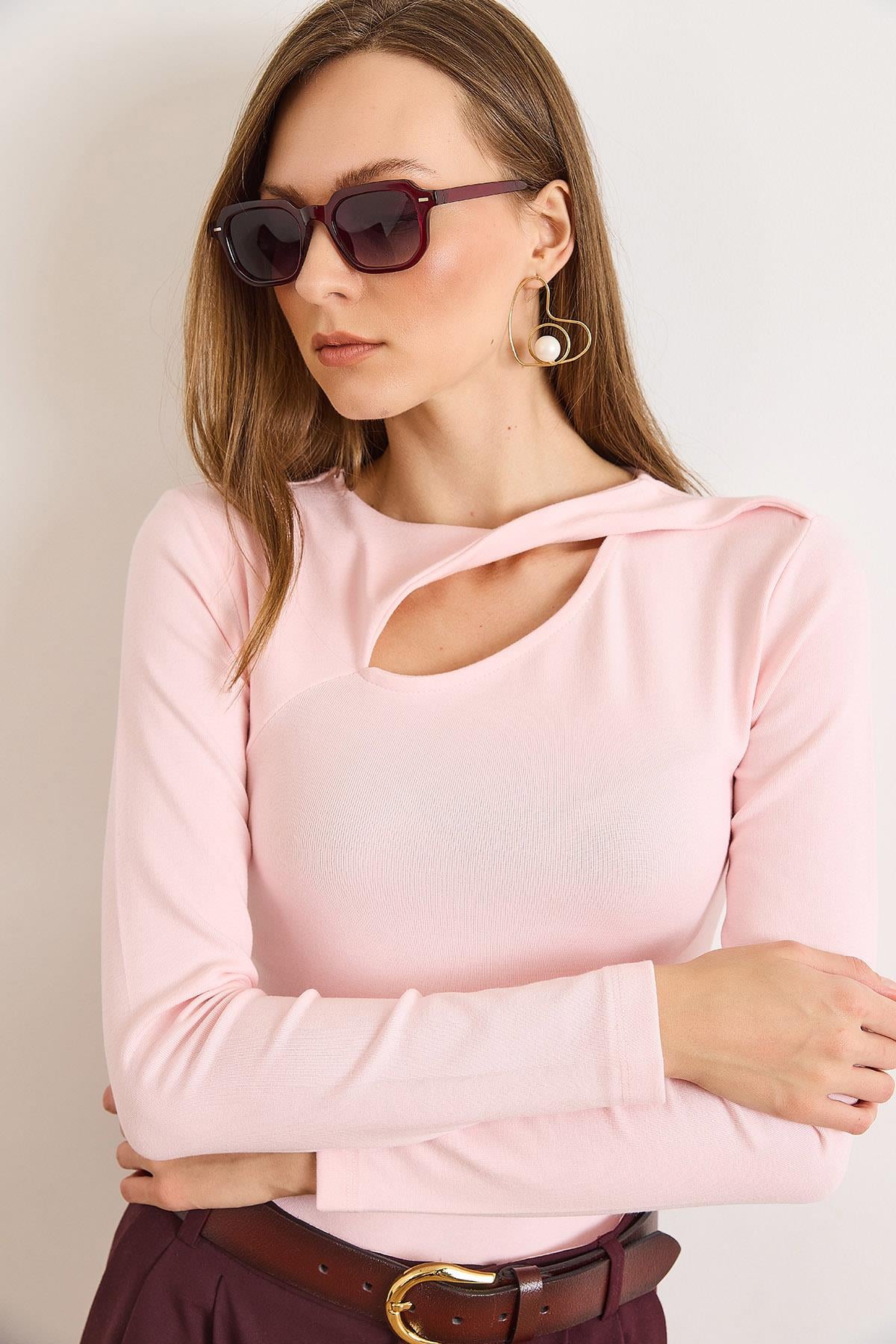 Pamuk Modal Damla Dekolteli Esnek Bluz Pembe