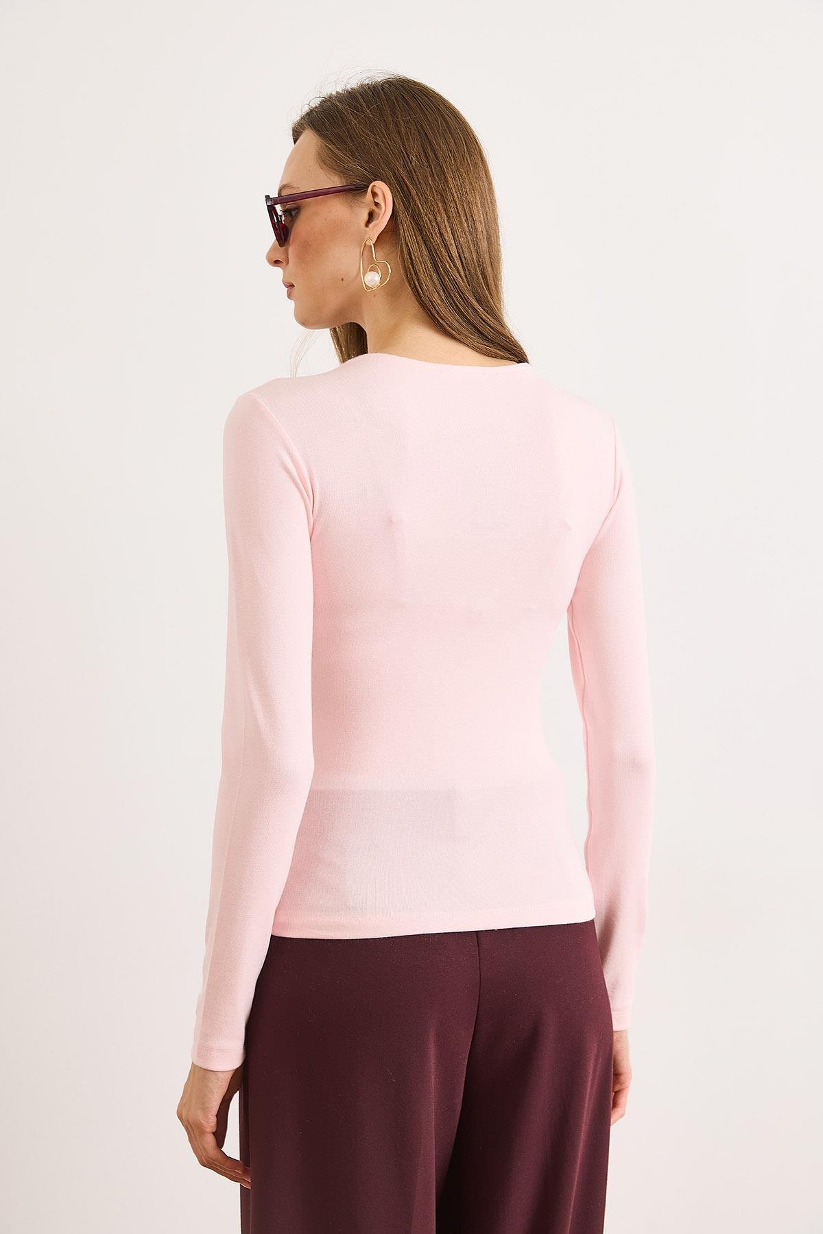 Pamuk Modal Damla Dekolteli Esnek Bluz Pembe