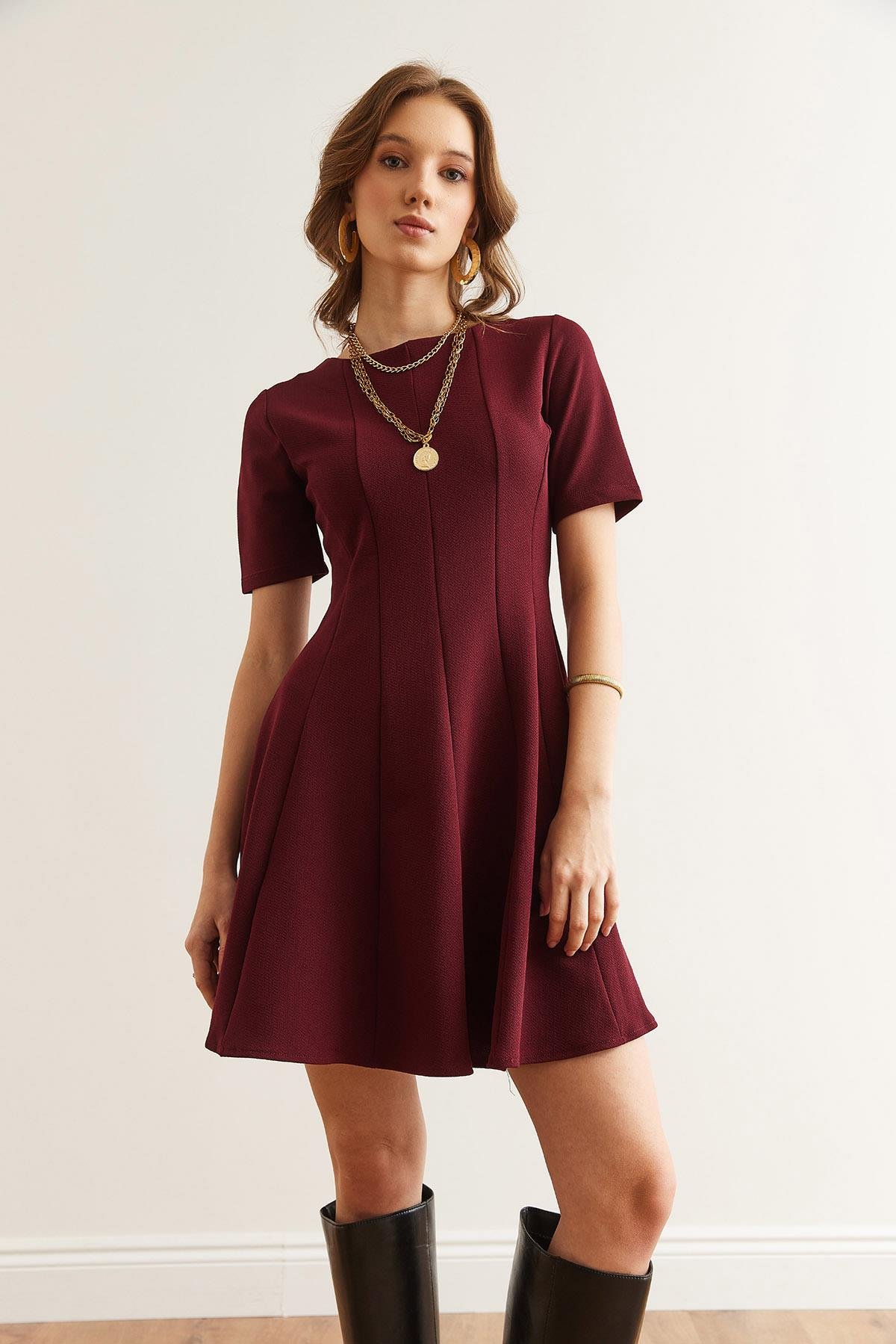 Parçalı Trend Mini Kloş Elbise Bordo