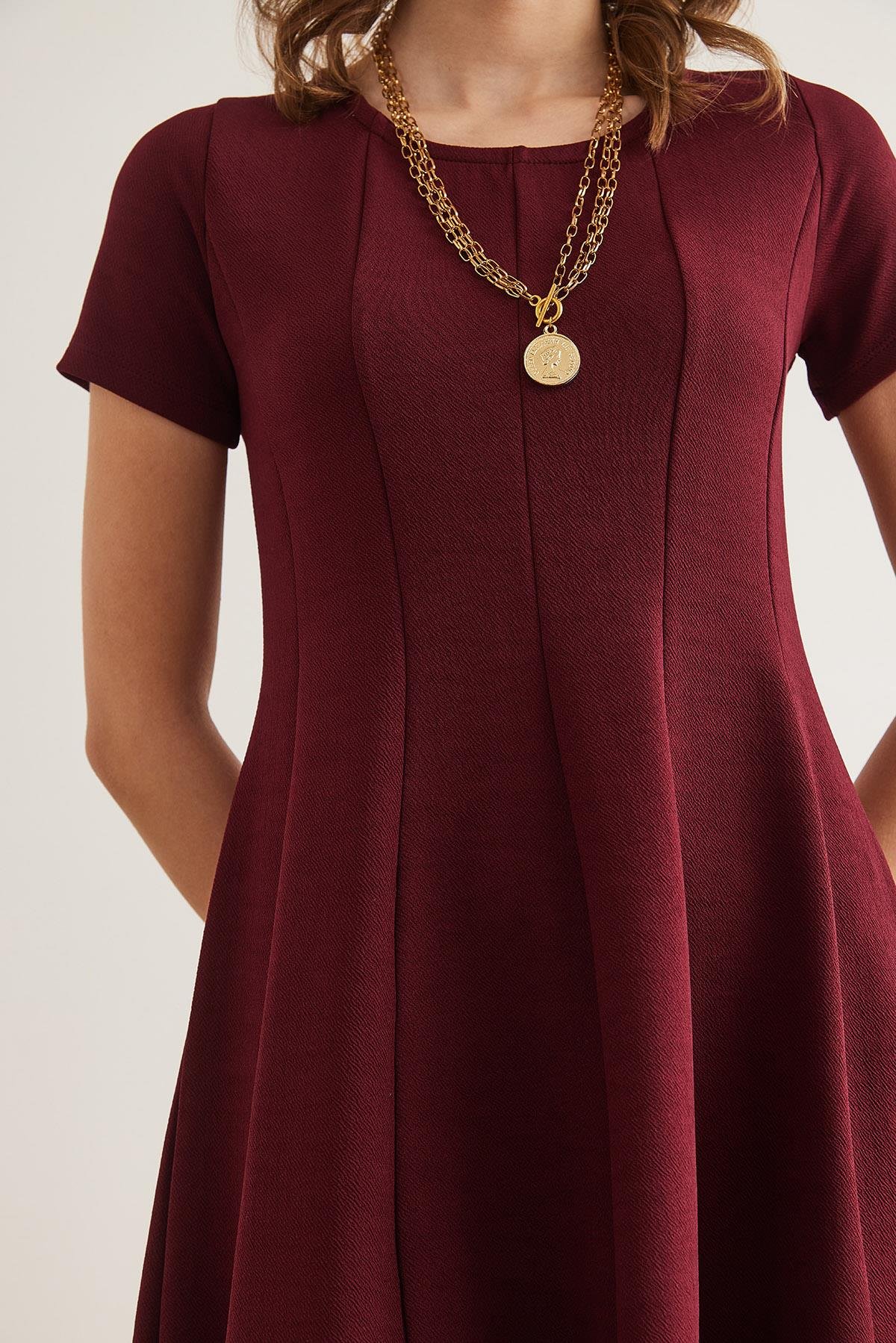 Parçalı Trend Mini Kloş Elbise Bordo