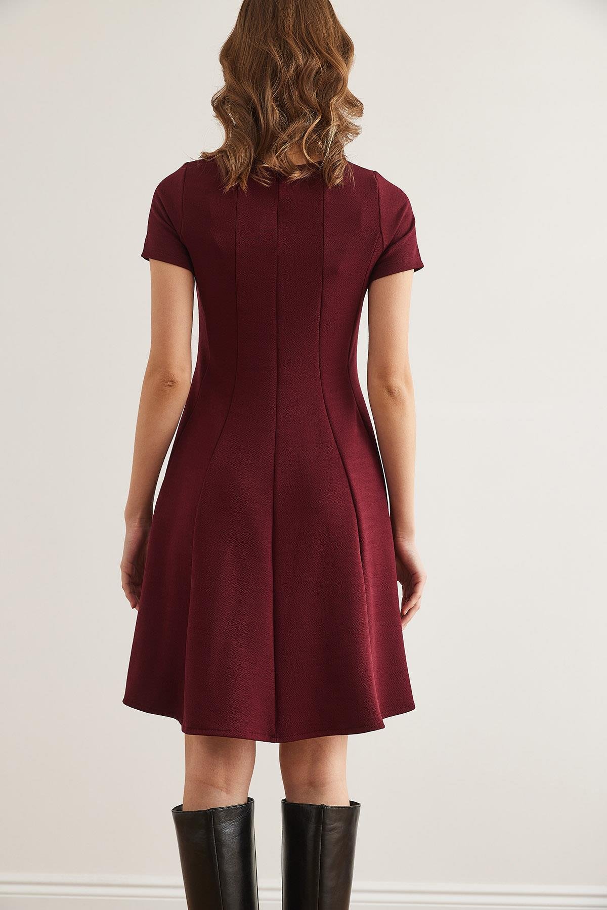 Parçalı Trend Mini Kloş Elbise Bordo