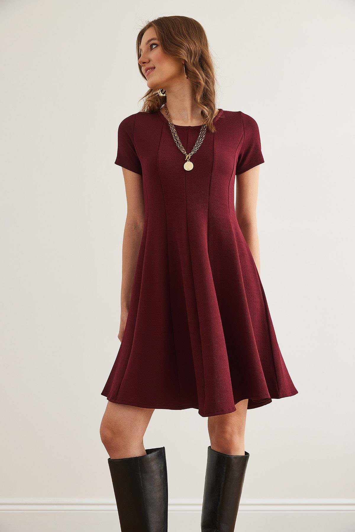 Parçalı Trend Mini Kloş Elbise Bordo