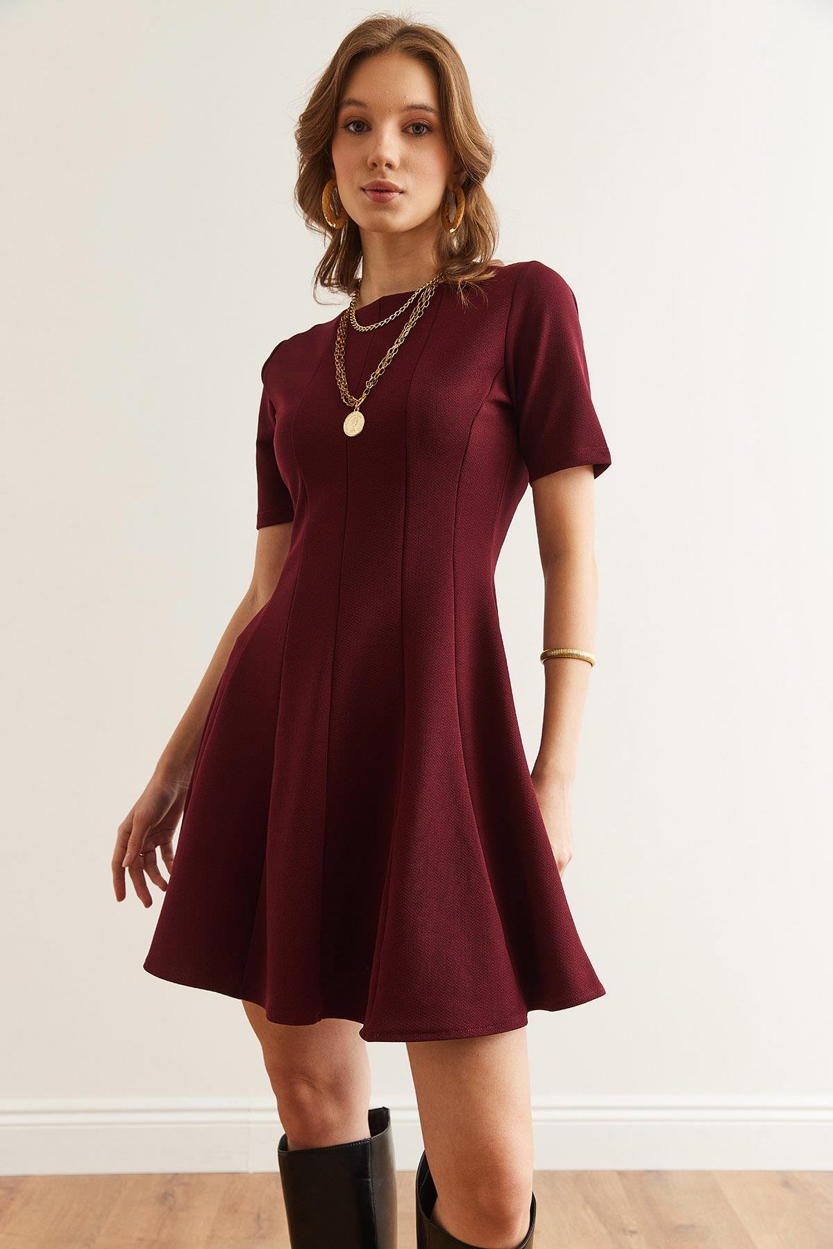 Parçalı Trend Mini Kloş Elbise Bordo