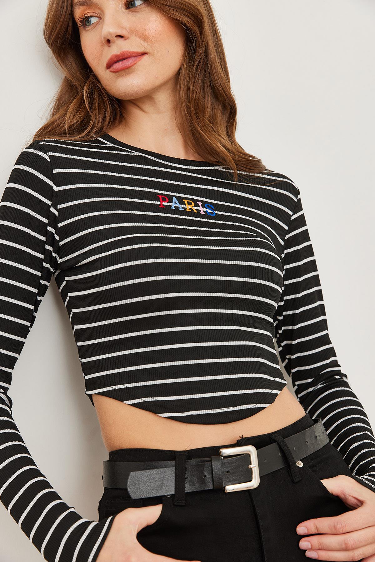 Paris Nakışlı Altı Üçgen Likralı Crop Bluz Siyah