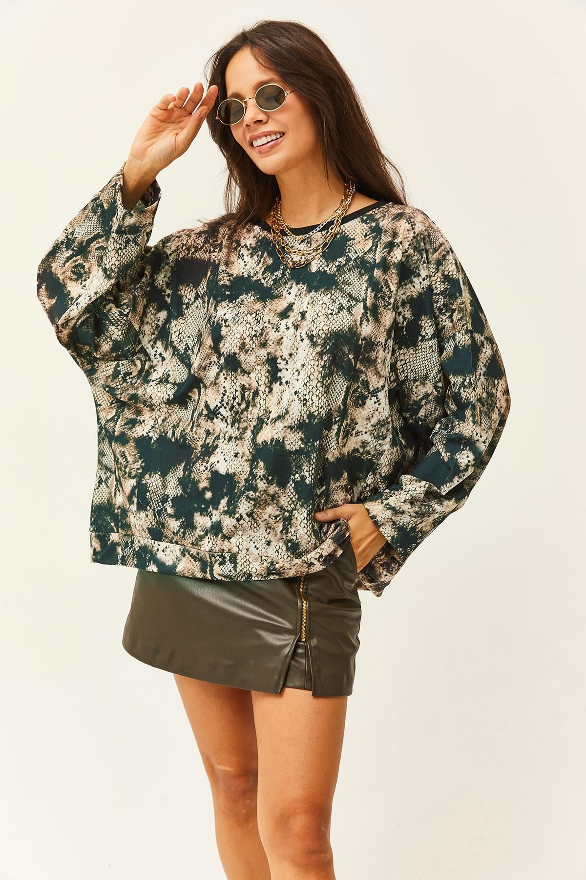 Parlak Dokulu Animal Print Oversize Sweatshirt Taş Haki
