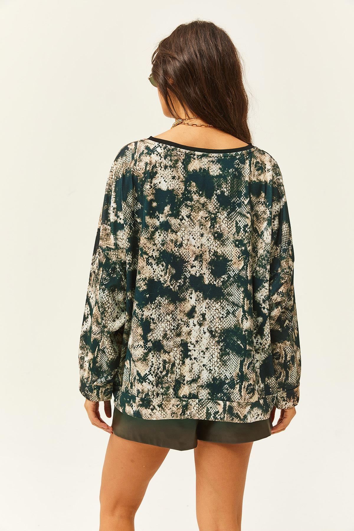 Parlak Dokulu Animal Print Oversize Sweatshirt Taş Haki