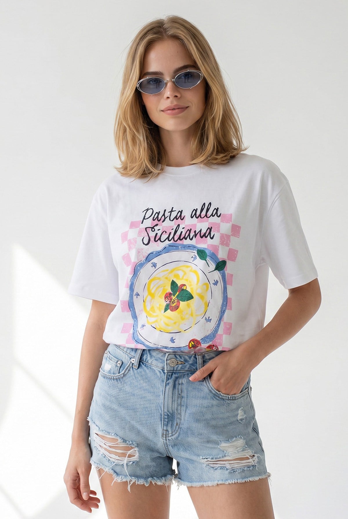 Pasta Sicilia Baskılı Boyfriend Pamuk Tişört Beyaz