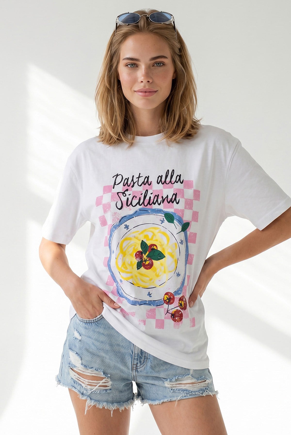 Pasta Sicilia Baskılı Boyfriend Pamuk Tişört Beyaz
