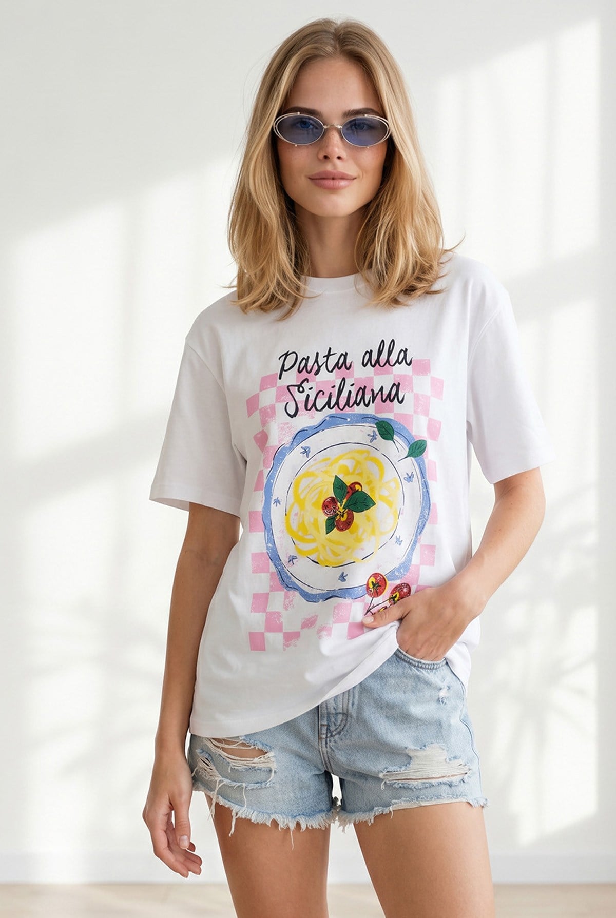 Pasta Sicilia Baskılı Boyfriend Pamuk Tişört Beyaz