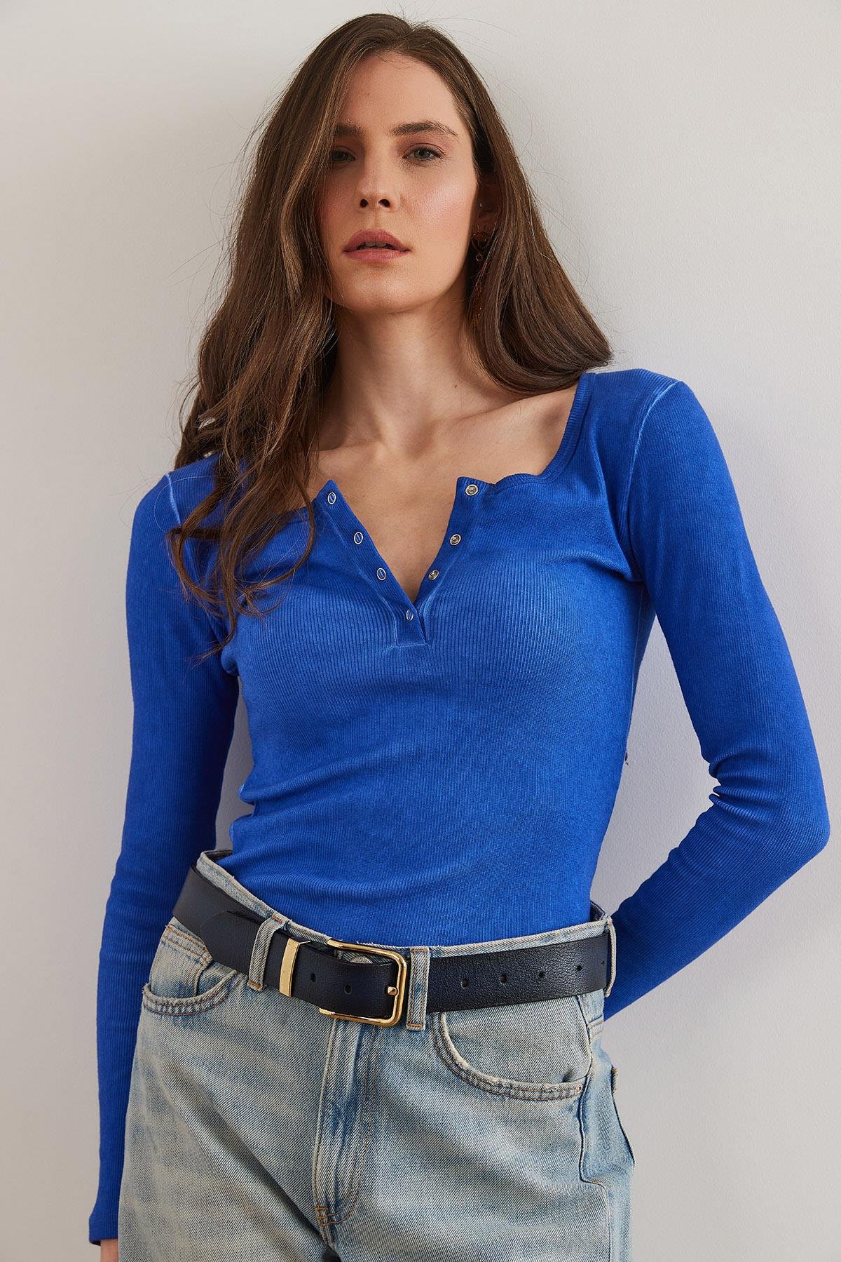 Patlı Kaşkorse Bluz Yıkamalı Saks Mavi