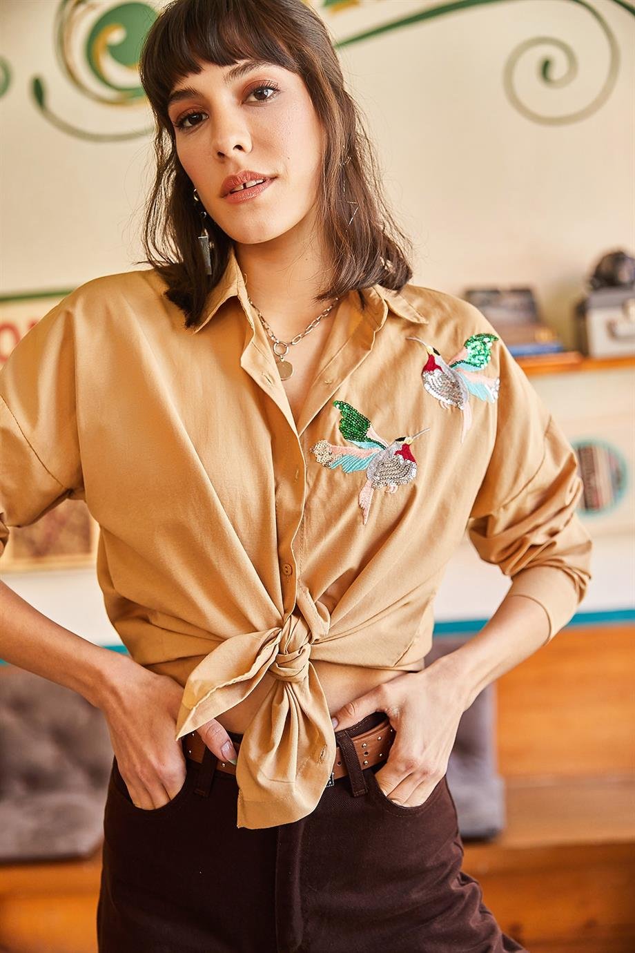 Payet Detaylı Dokuma Boyfriend Gömlek Camel Kuş