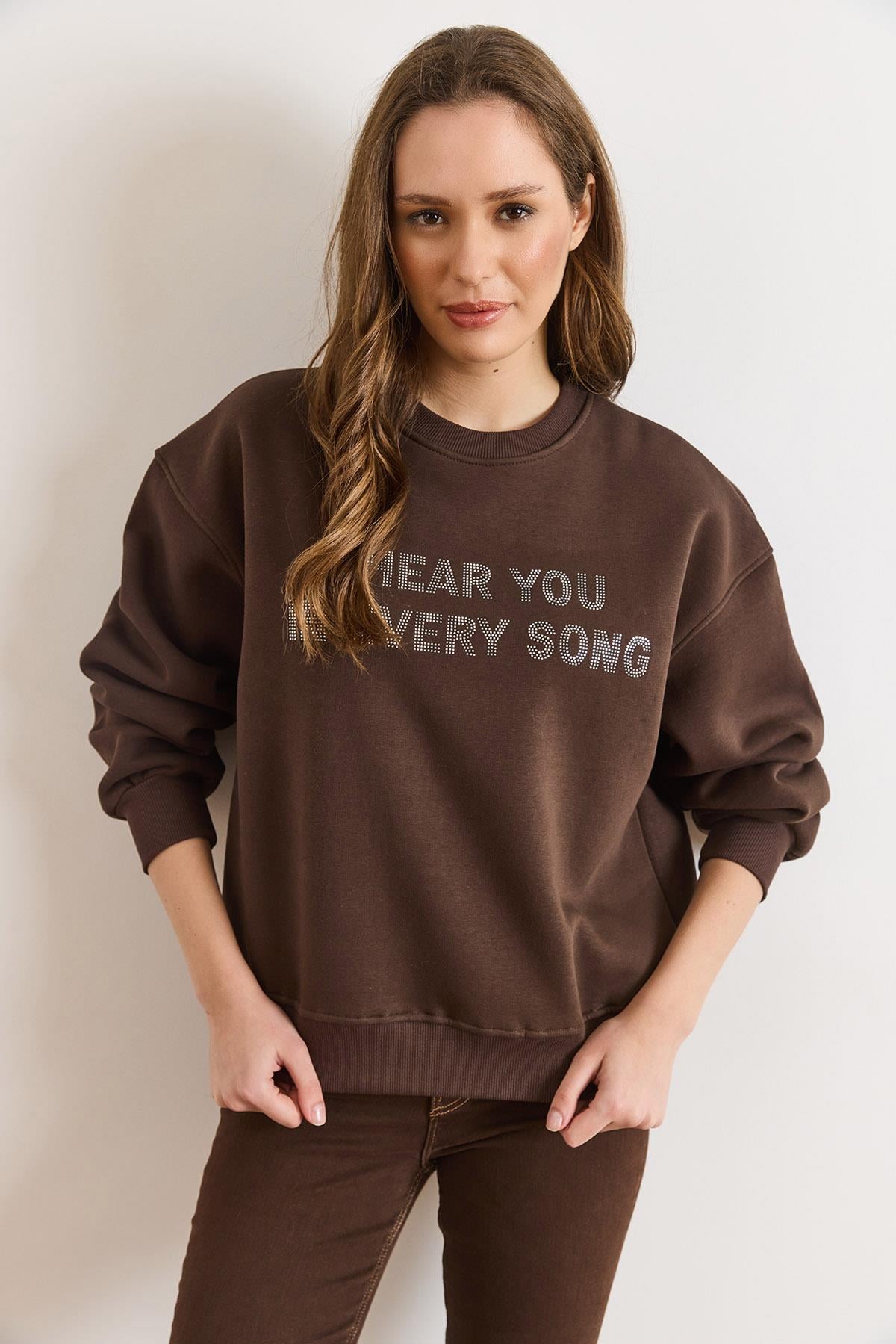 Payet Detaylı Şardonlu Kalın Sweatshirt Kahverengi