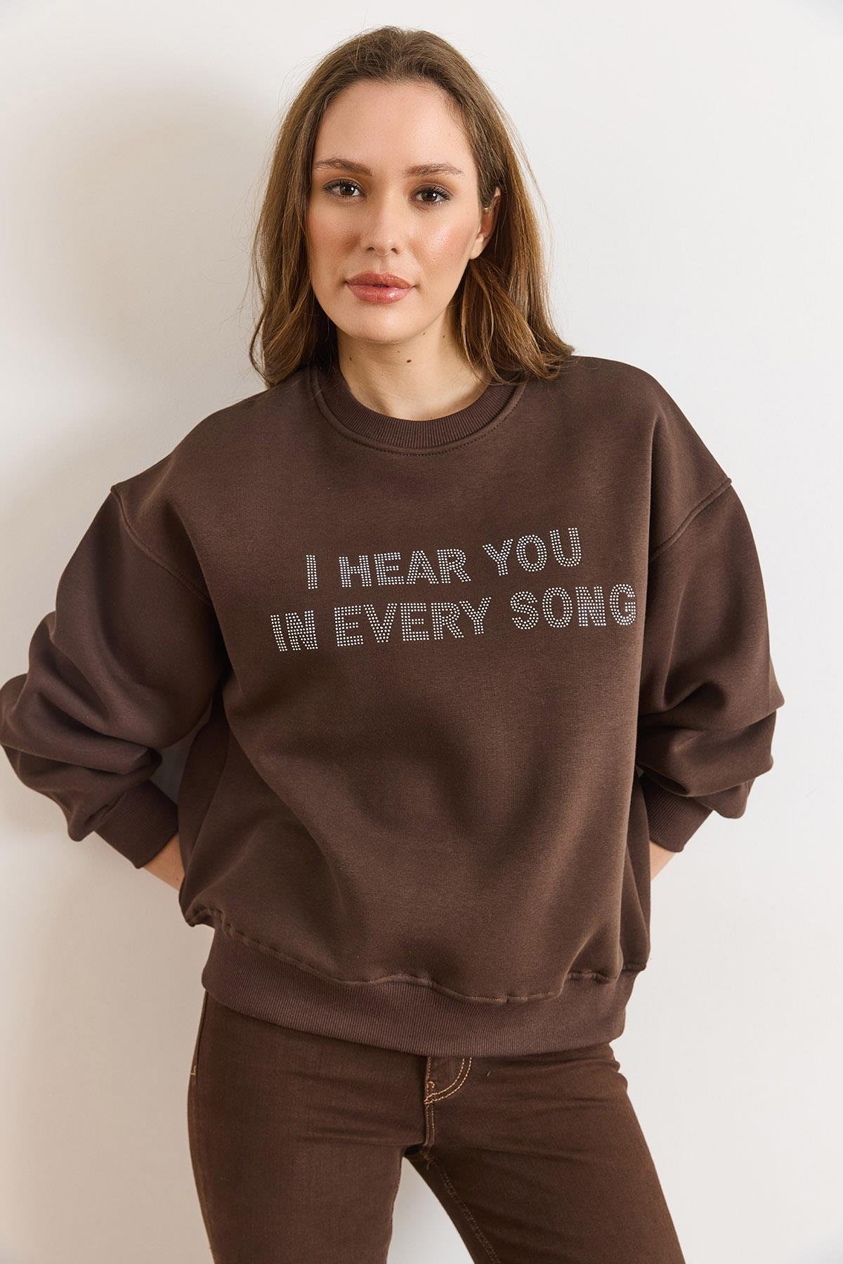 Payet Detaylı Şardonlu Kalın Sweatshirt Kahverengi