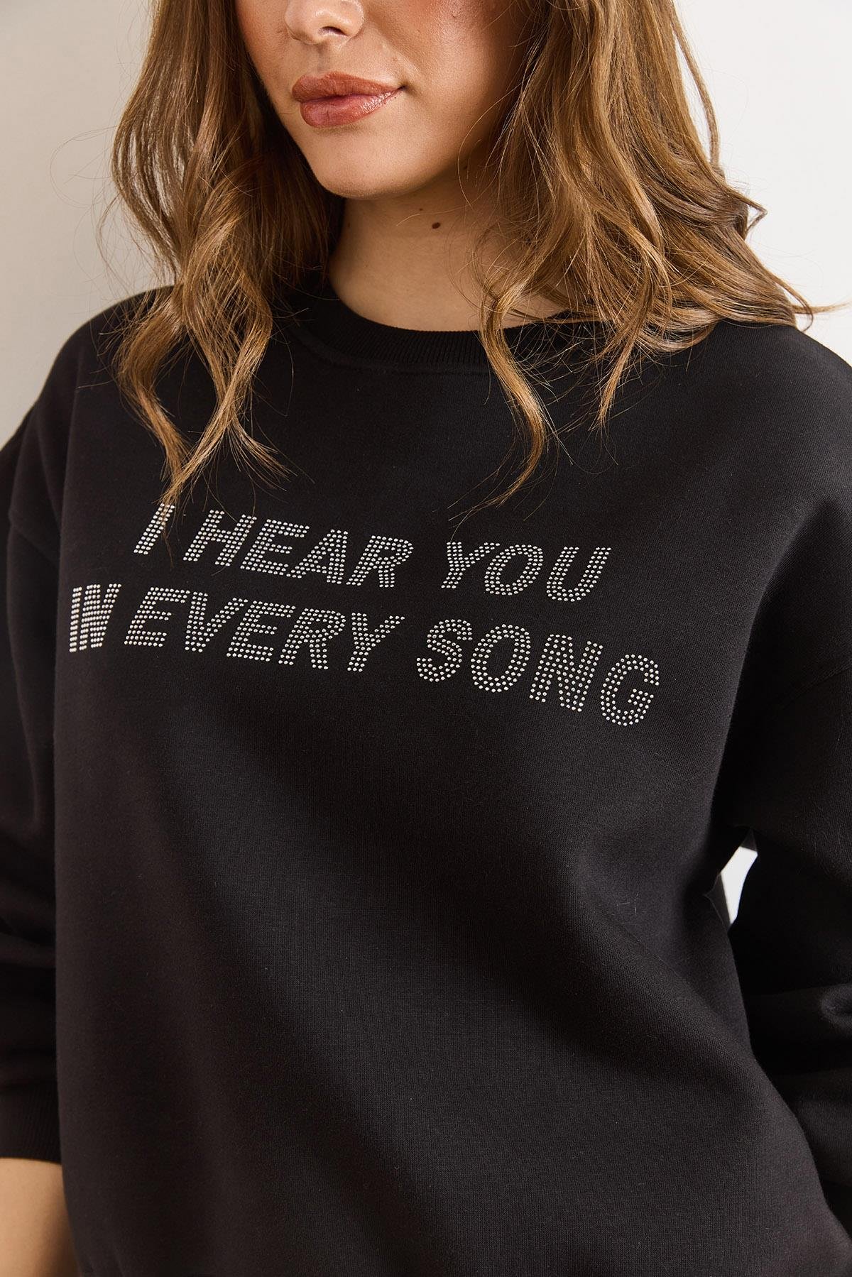 Payet Detaylı Şardonlu Kalın Sweatshirt Siyah