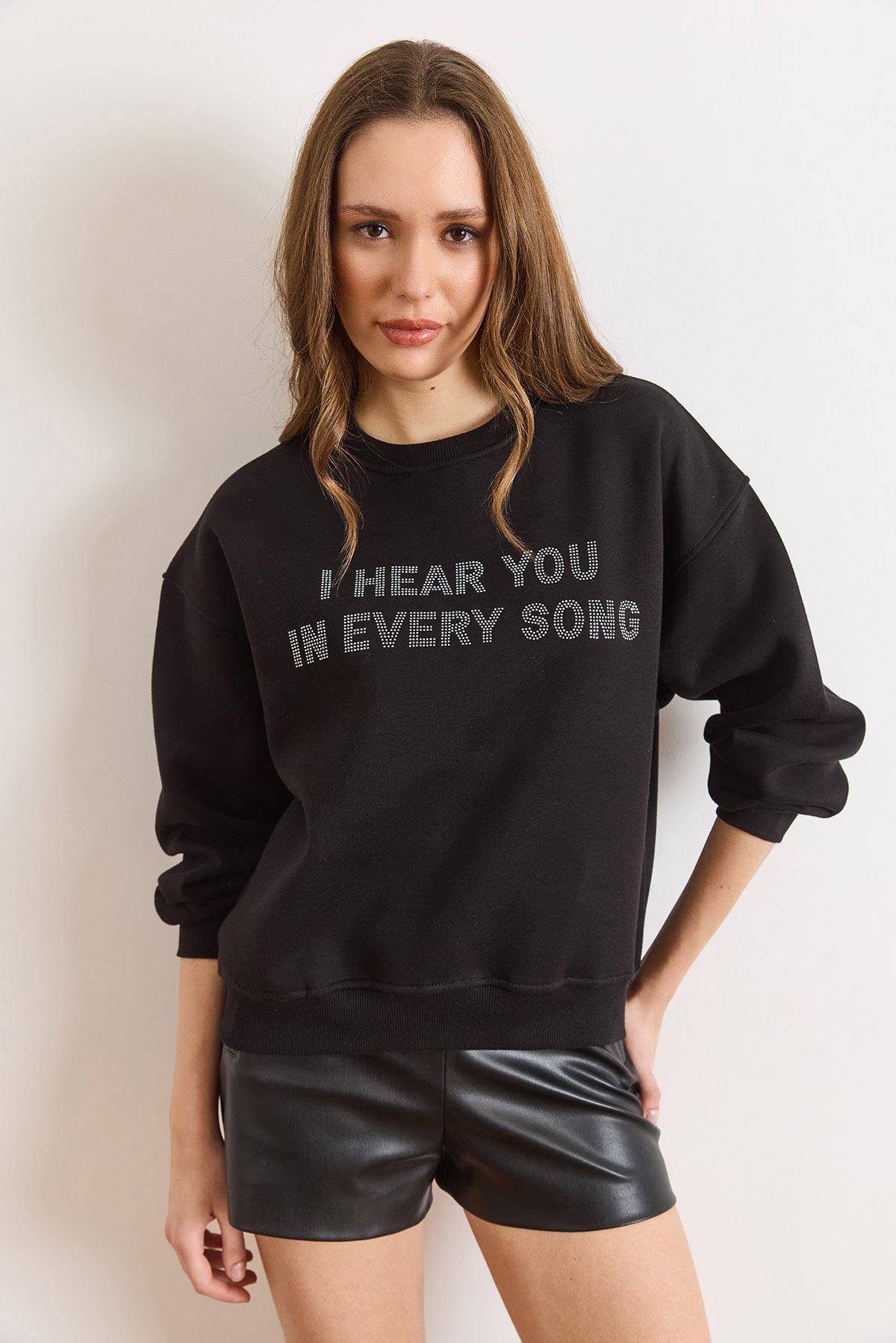 Payet Detaylı Şardonlu Kalın Sweatshirt Siyah