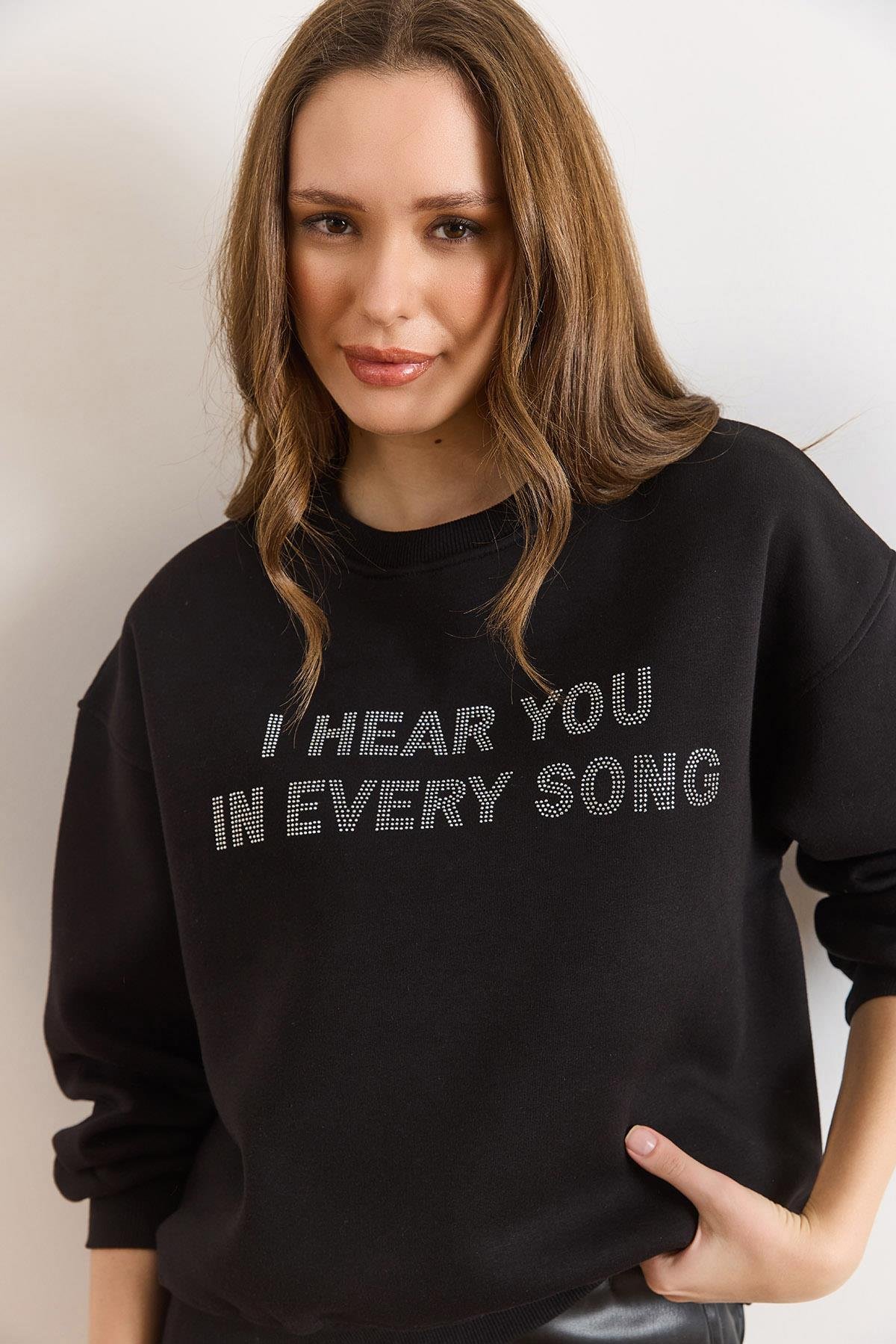 Payet Detaylı Şardonlu Kalın Sweatshirt Siyah