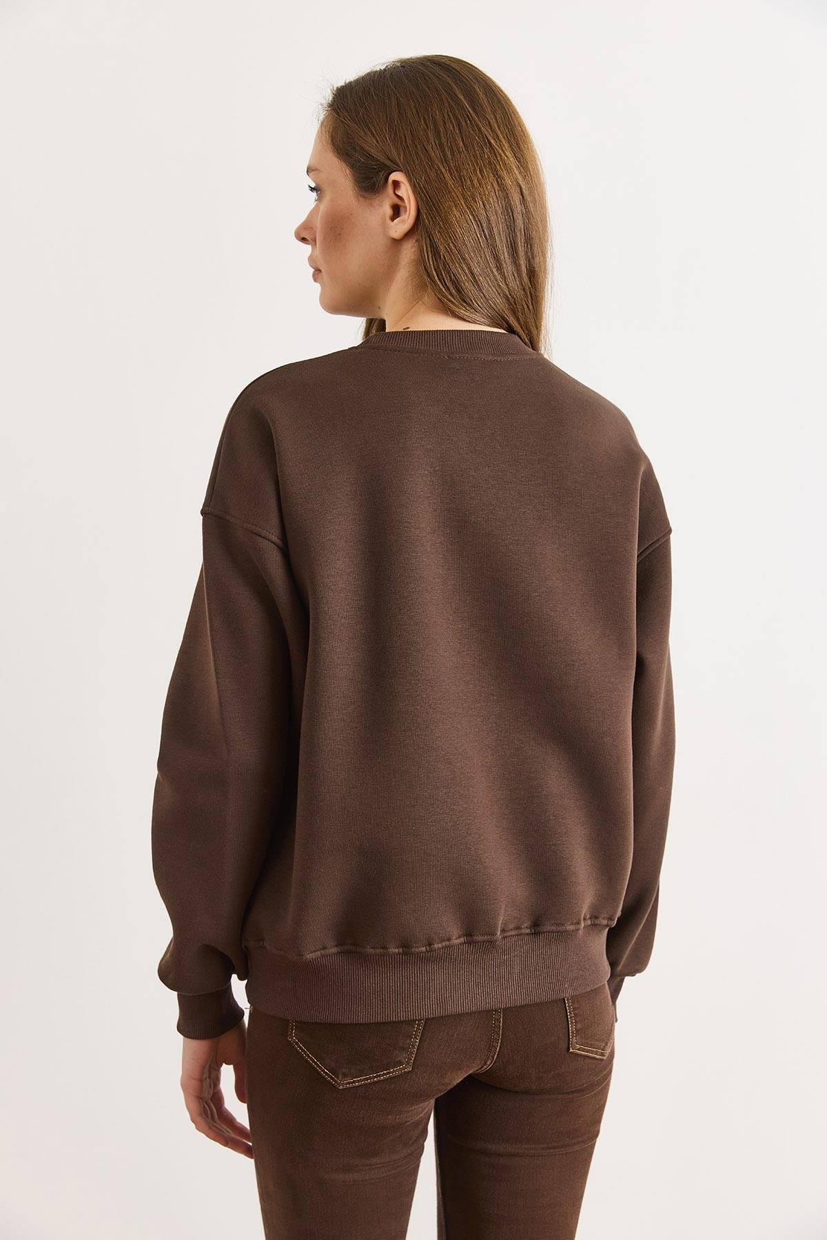 Payet Detaylı Şardonlu Kalın Sweatshirt Kahverengi