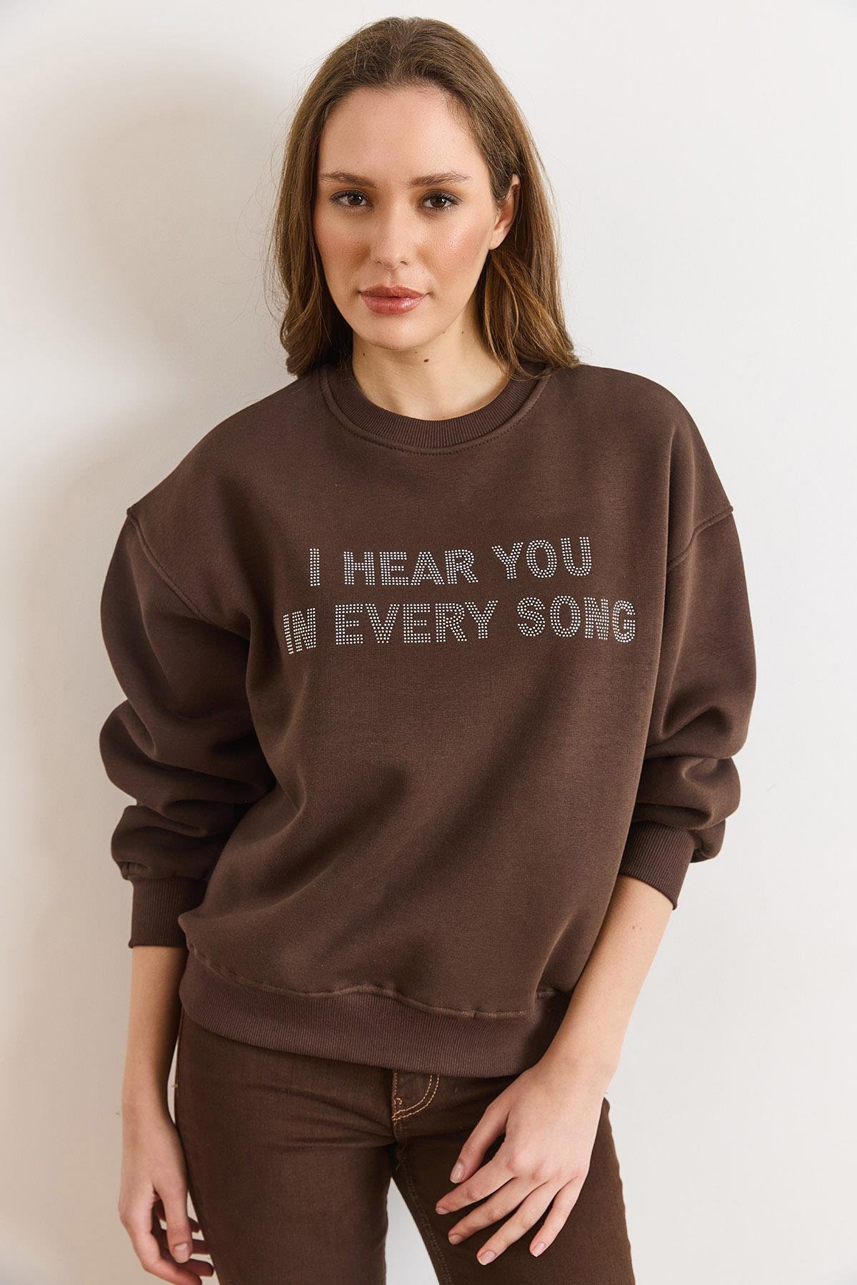 Payet Detaylı Şardonlu Kalın Sweatshirt Kahverengi