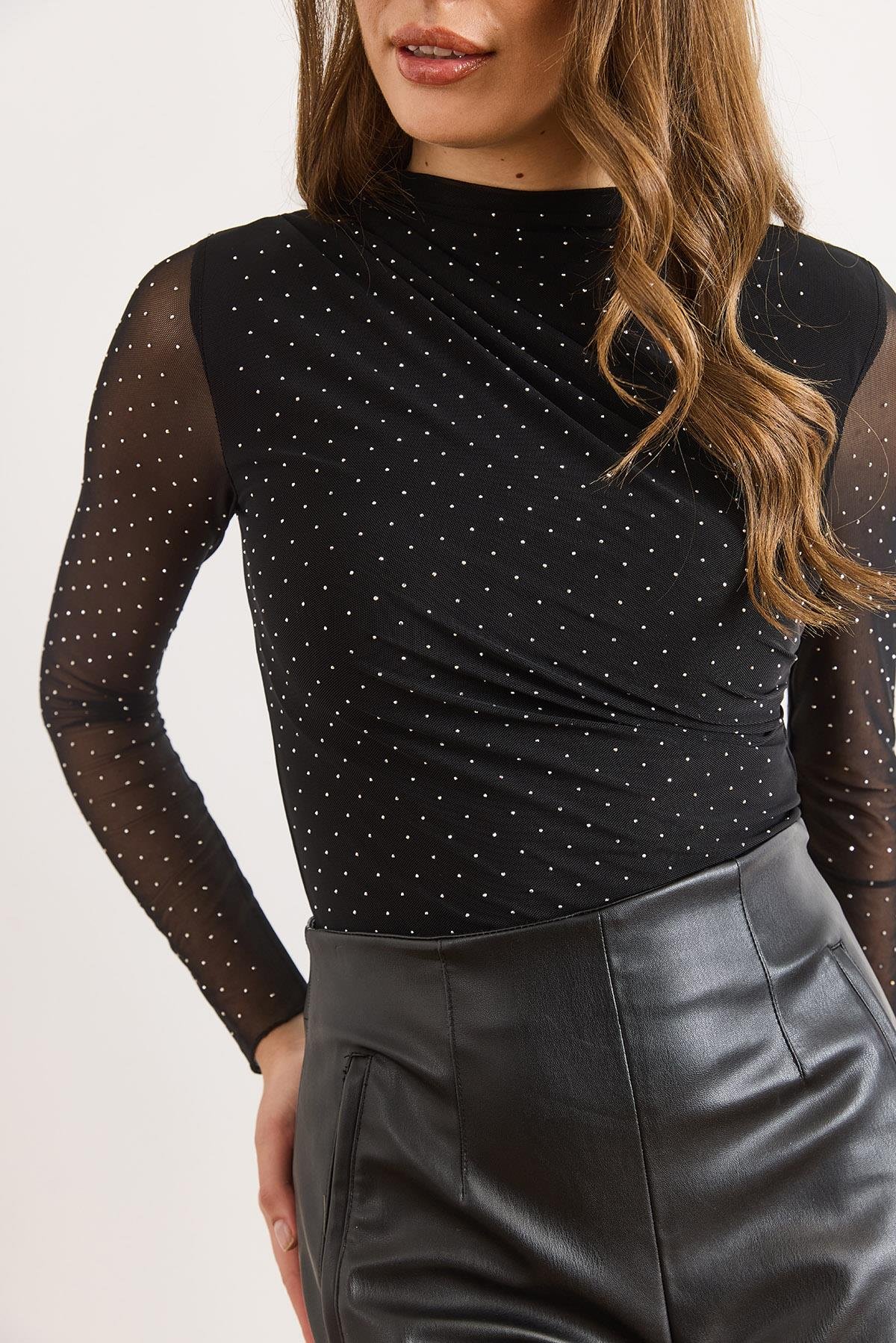 Payetli Drape Detaylı Astarlı Şık Tül Bluz Siyah