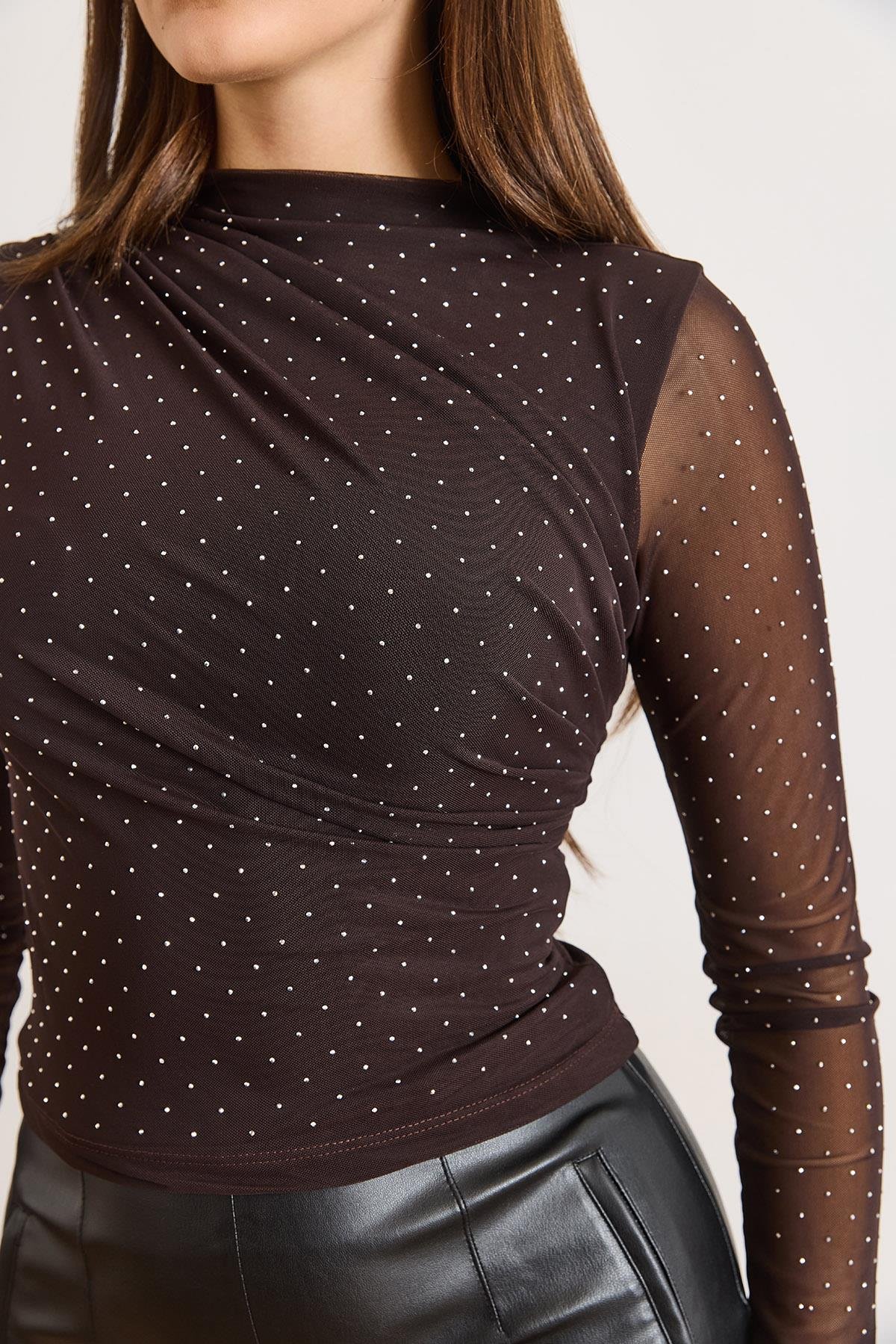 Payetli Drape Detaylı Astarlı Şık Tül Bluz Acı Kahve